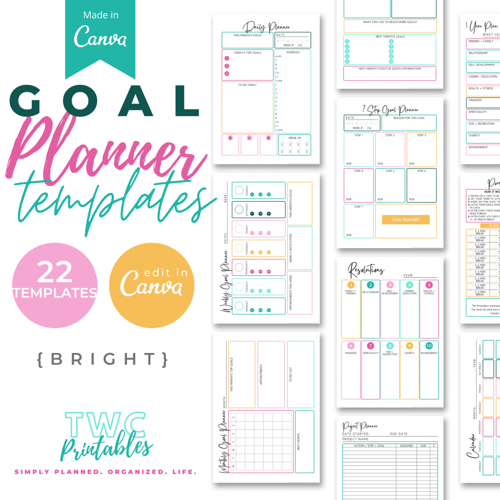 Editable Goal Planner Templates for Canva, goal planner template, canva template, canva planner template, productivity planner // BRIGHT