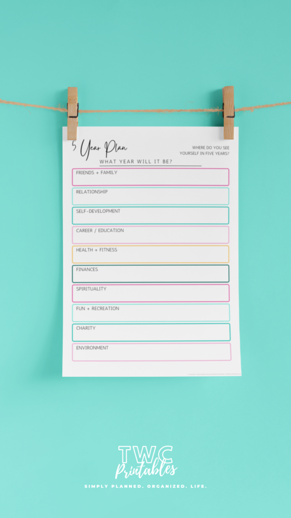 5 year plan (long term goal sheet) as part of the goal planner templates for Canva - designed by TWCprintables