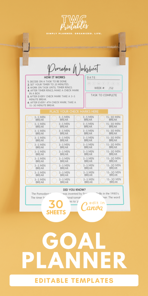 Pomodoro Technique worksheet included in the goal planner templates for Canva - designed by TWCprintables