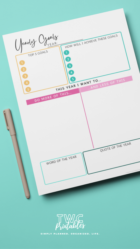 Yearly goal planner sheet included in the goal planner templates for Canva, designed by TWCprintables