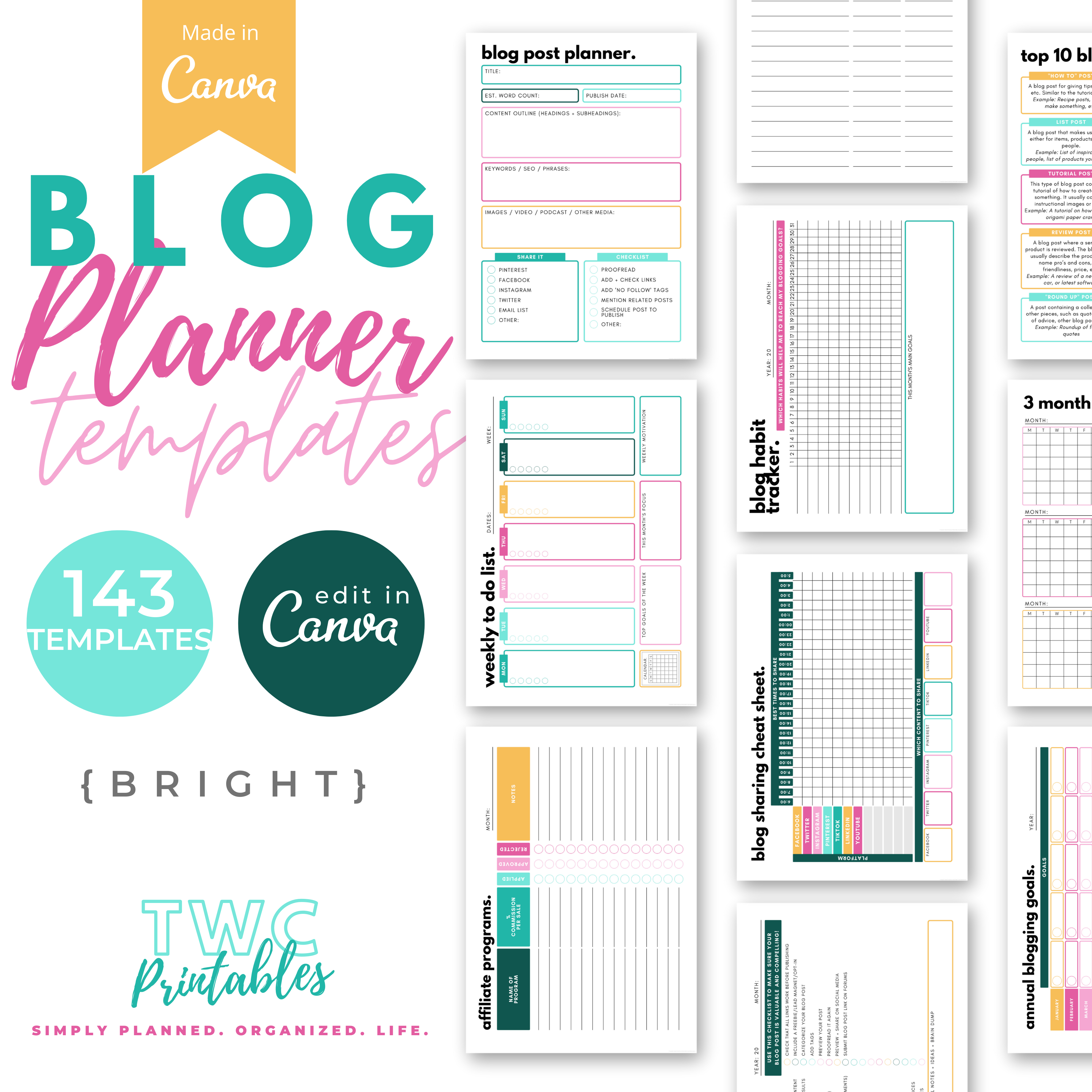 Editable Blog Planner Templates for Canva, blog post planner schedule template, blog planner bundle kit, blogging planner 2021 // BRIGHT