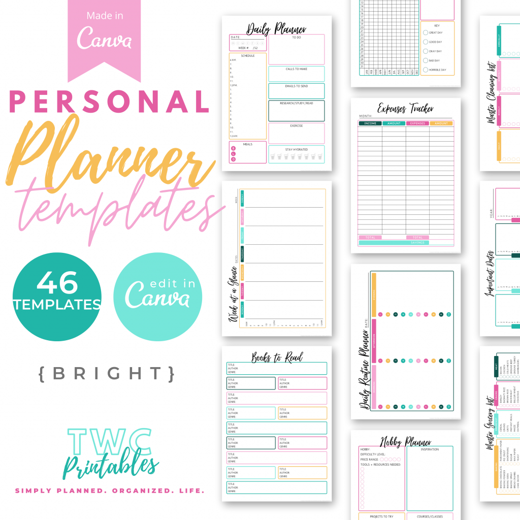 Editable Personal Planner Templates for Canva, planner template canva, planner 2021 daily weekly, digital template, canva template / BRIGHT