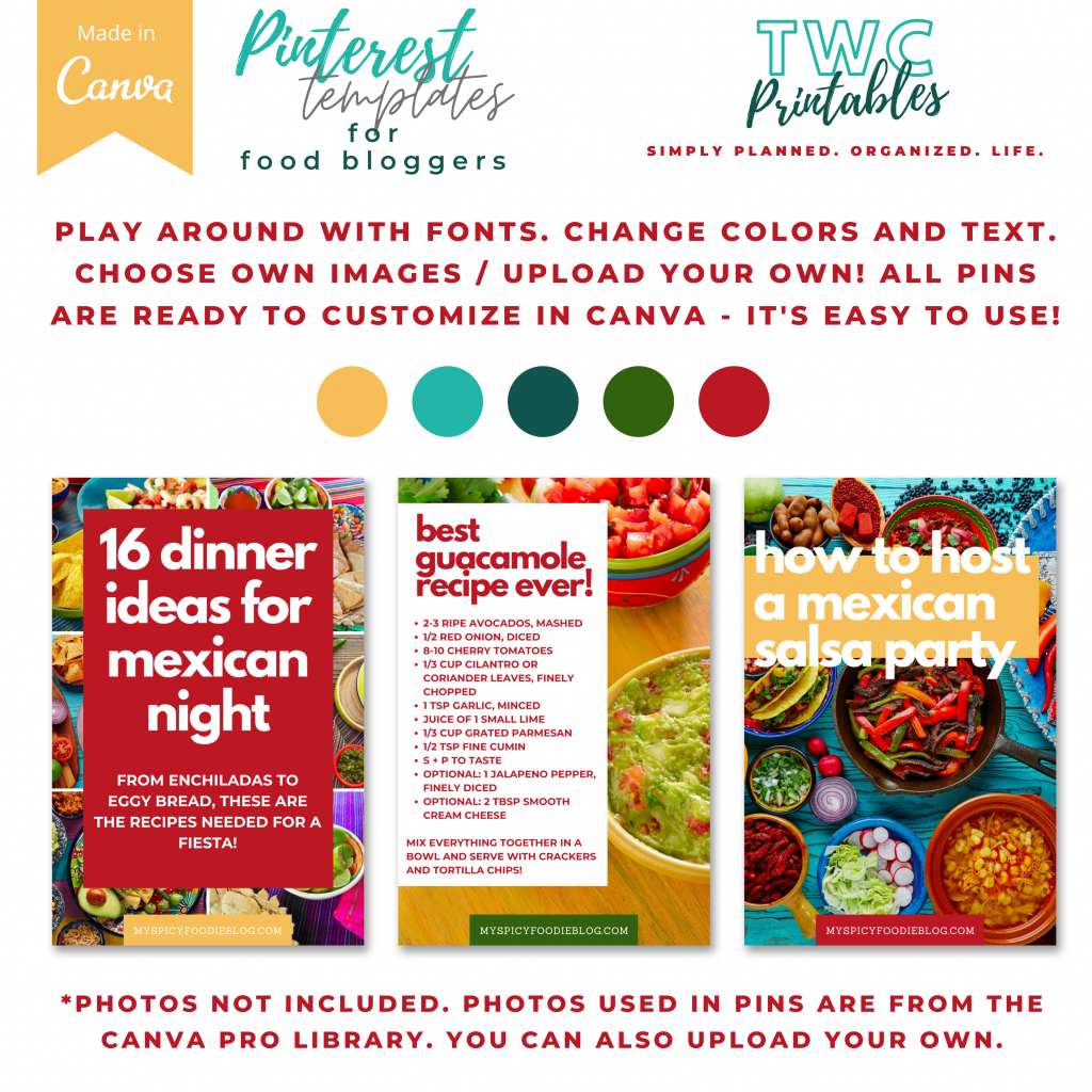 20 Pinterest Pin Templates for Canva | Food Bloggers | Mexican | Canva Pin Template | Pinterest Templates | Pinterest Templates Food | Canva