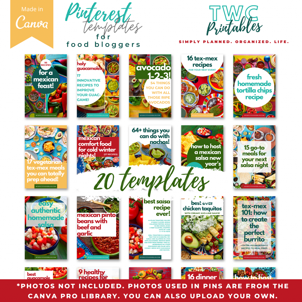20 Pinterest Pin Templates for Canva | Food Bloggers | Mexican | Canva Pin Template | Pinterest Templates | Pinterest Templates Food | Canva