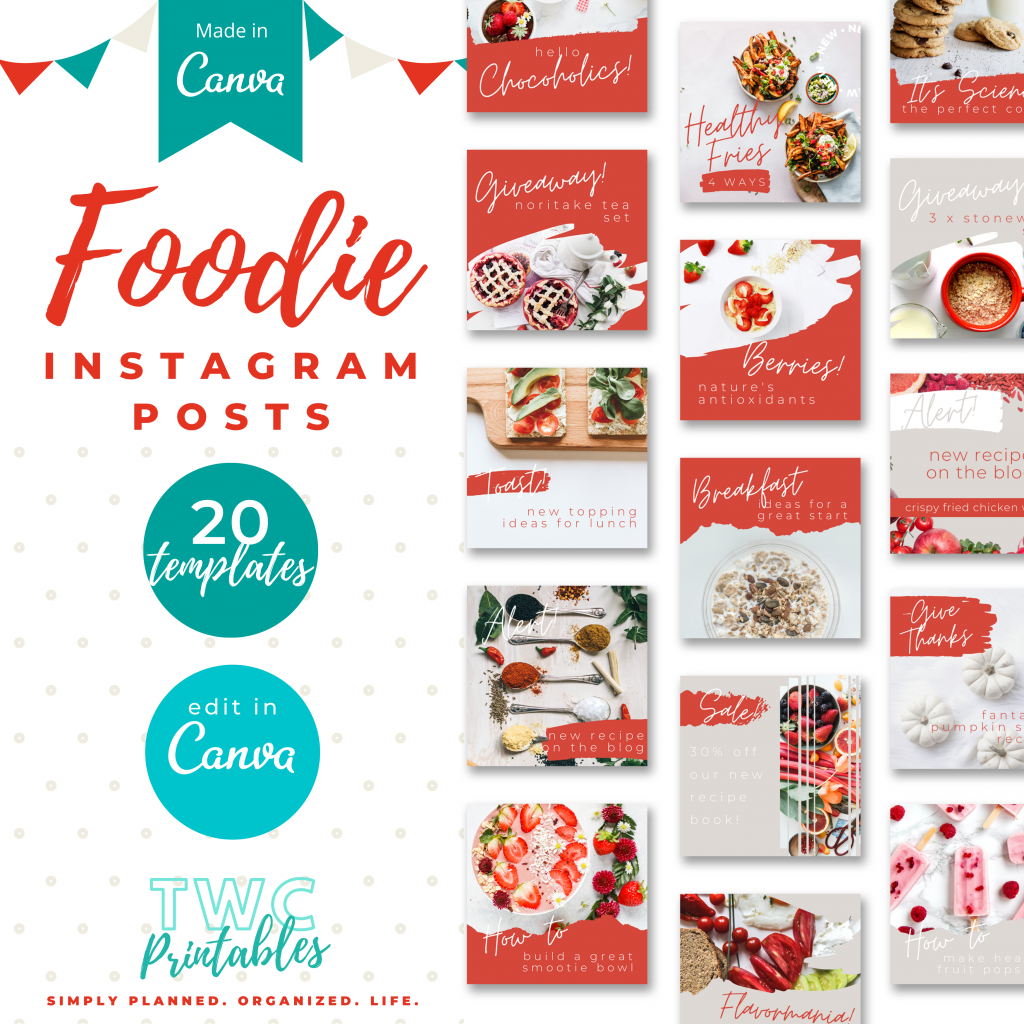 20 Instagram Post Templates for Canva | Foodie | Instagram Canva Template | Canva Instagram Feed Templates | Canva Instagram Grid | Canva