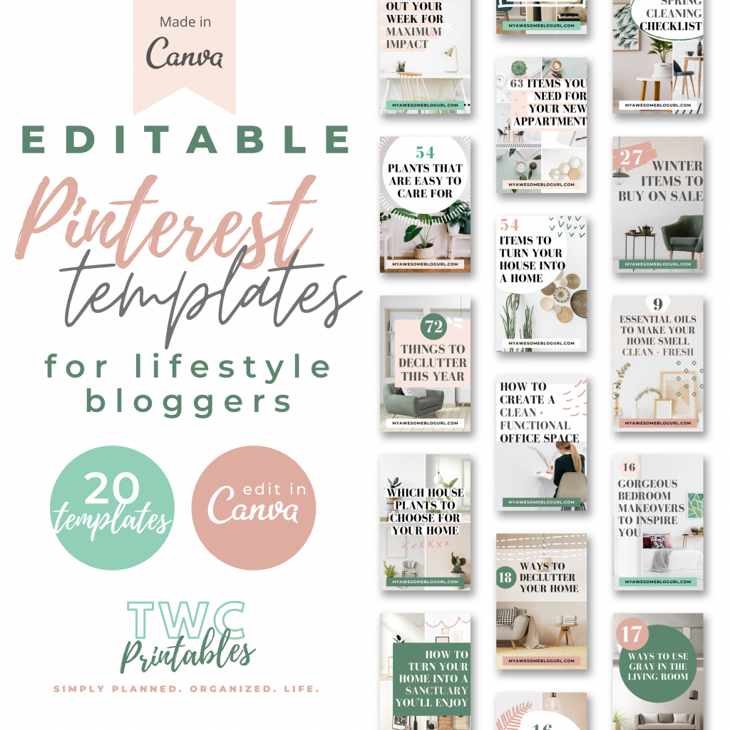 20 Pinterest Pin Templates for Canva | Lifestyle Bloggers | Peach & Mint | Canva Pin Template | Pinterest Templates Blog | Canva Templates