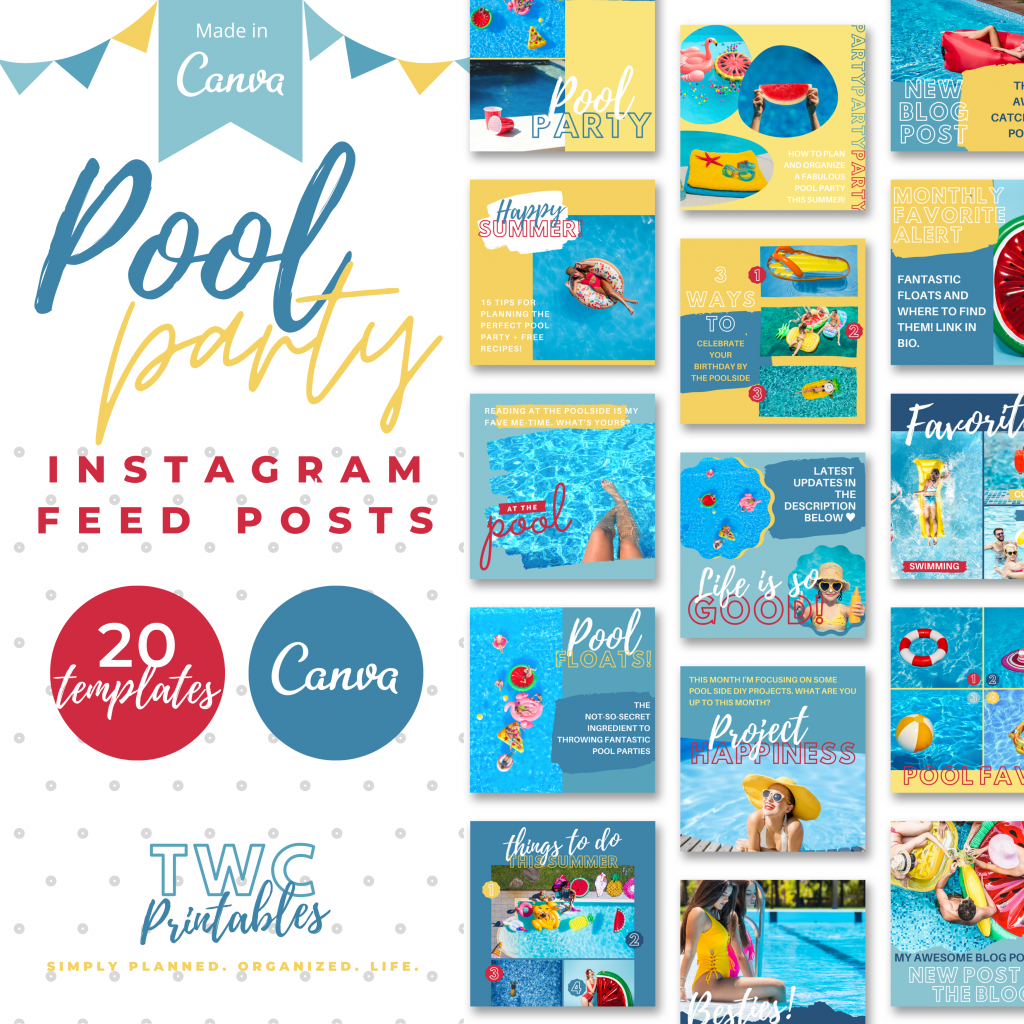 20 Instagram Post Templates for Canva | Pool Party | Instagram Canva Template | Canva Instagram Feed Templates | Canva Instagram Grid