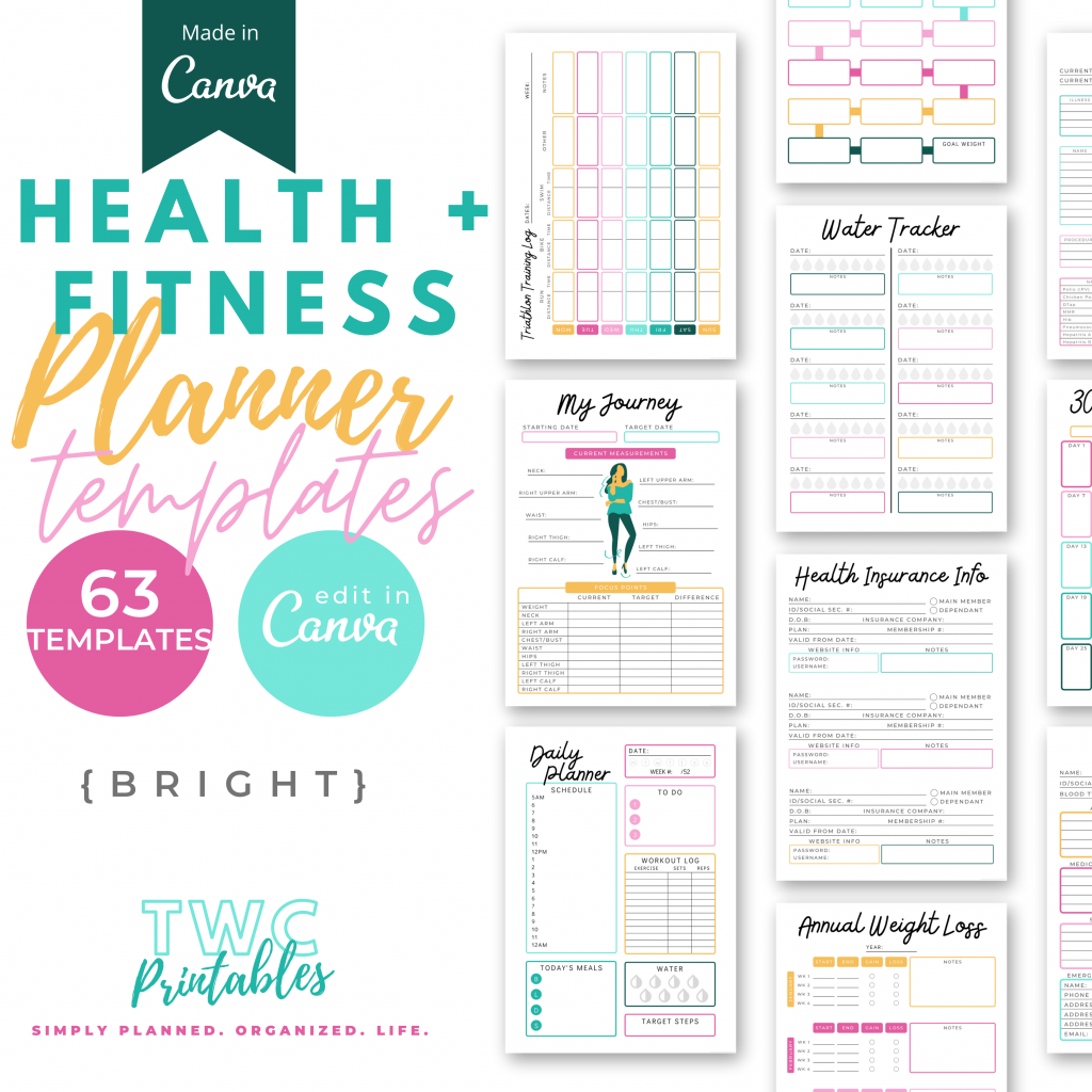Editable Health & Fitness Planner Templates for Canva, fitness planner, health planner, fitness journal tracker, wellness planner, canva - TWCprintables