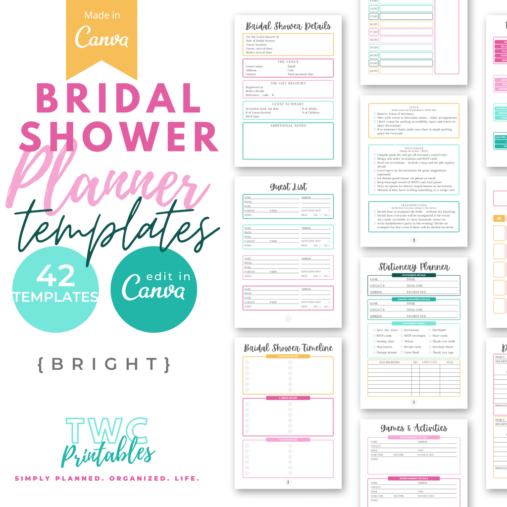Editable Bridal Shower Planner Templates for Canva, bridal shower template, bridal shower canva, canva planner template kit // BRIGHT