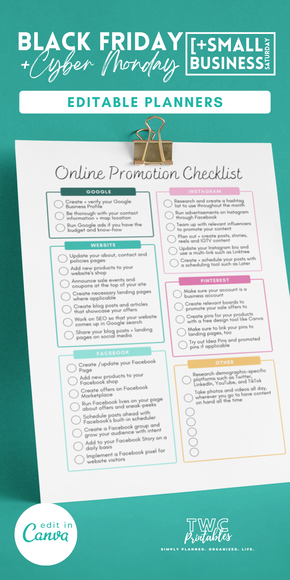 Online Promotion Checklist - Black Friday Sales Planner Canva Templates