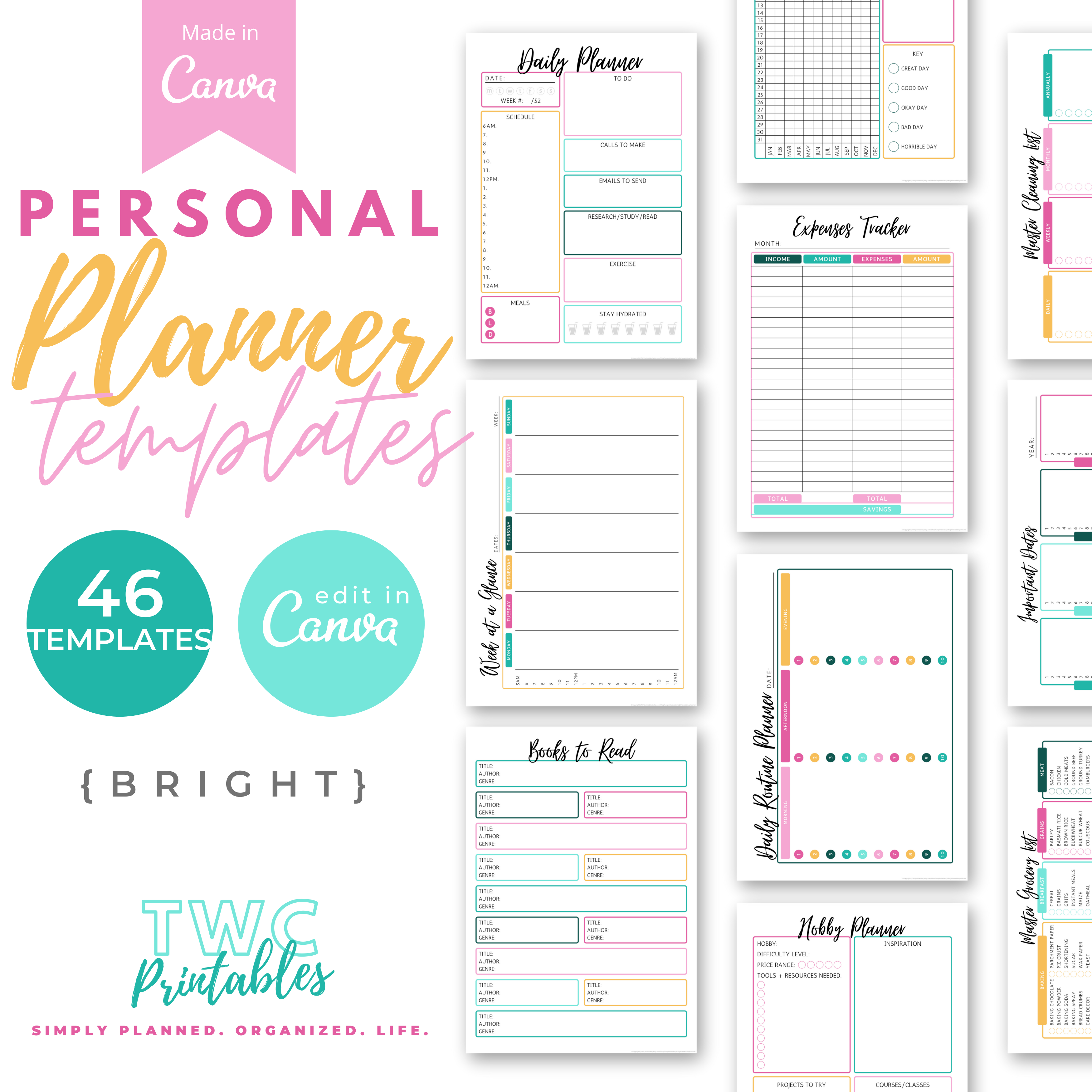 Plan your life with these handy editable personal planner templates for Canva! These sheets will help you to keep track of your favorites, finances, hobbies, meal planning and so much more! You can change everything from colors to fonts, text, elements, etc. all you need is a free Canva account.