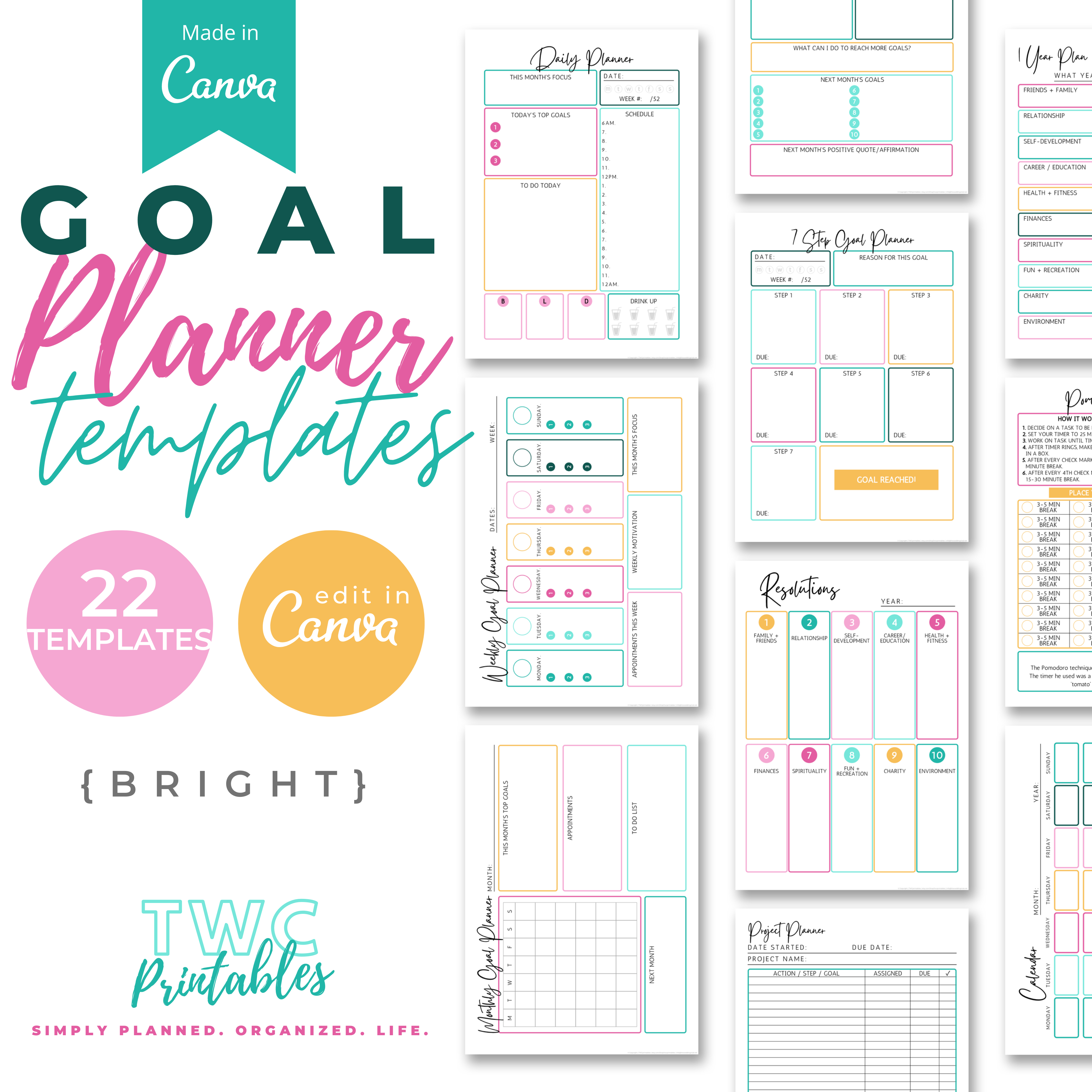Set your goals and achieve them with these editable goal planner templates for Canva! Creating planner sheets from scratch takes so much time, and possibly money. These editable planner sheets will make it easier to create the sheets you really need to plan out your goals, resolutions, and priorities. Stay productive and get things done with the productivity planner sheets that are also included.
