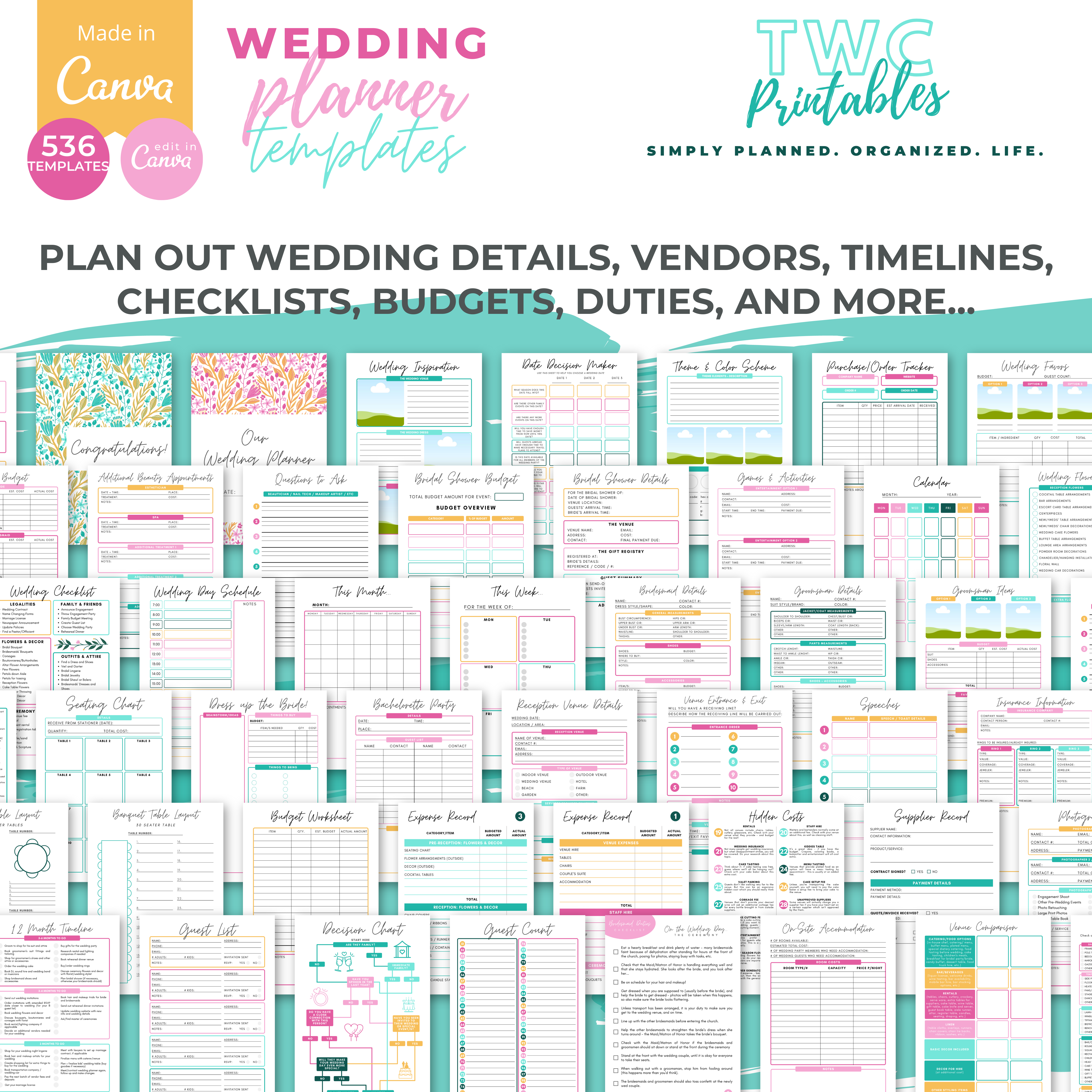This is it! The editable wedding planner templates for Canva! With over 530 sheets to edit, the wedding binder template for Canva contains everything you need to plan your dream wedding. Use these templates to create your own wedding planner binder, or edit and print everything out to create a complete wedding binder! Simply edit this template with Canva! It comes in bright colors, but you can change everything in these templates from fonts, colors, elements, shapes, layouts, and more! All you need is a free Canva account! A free Canva guide for beginners is included in your purchase of this listing.