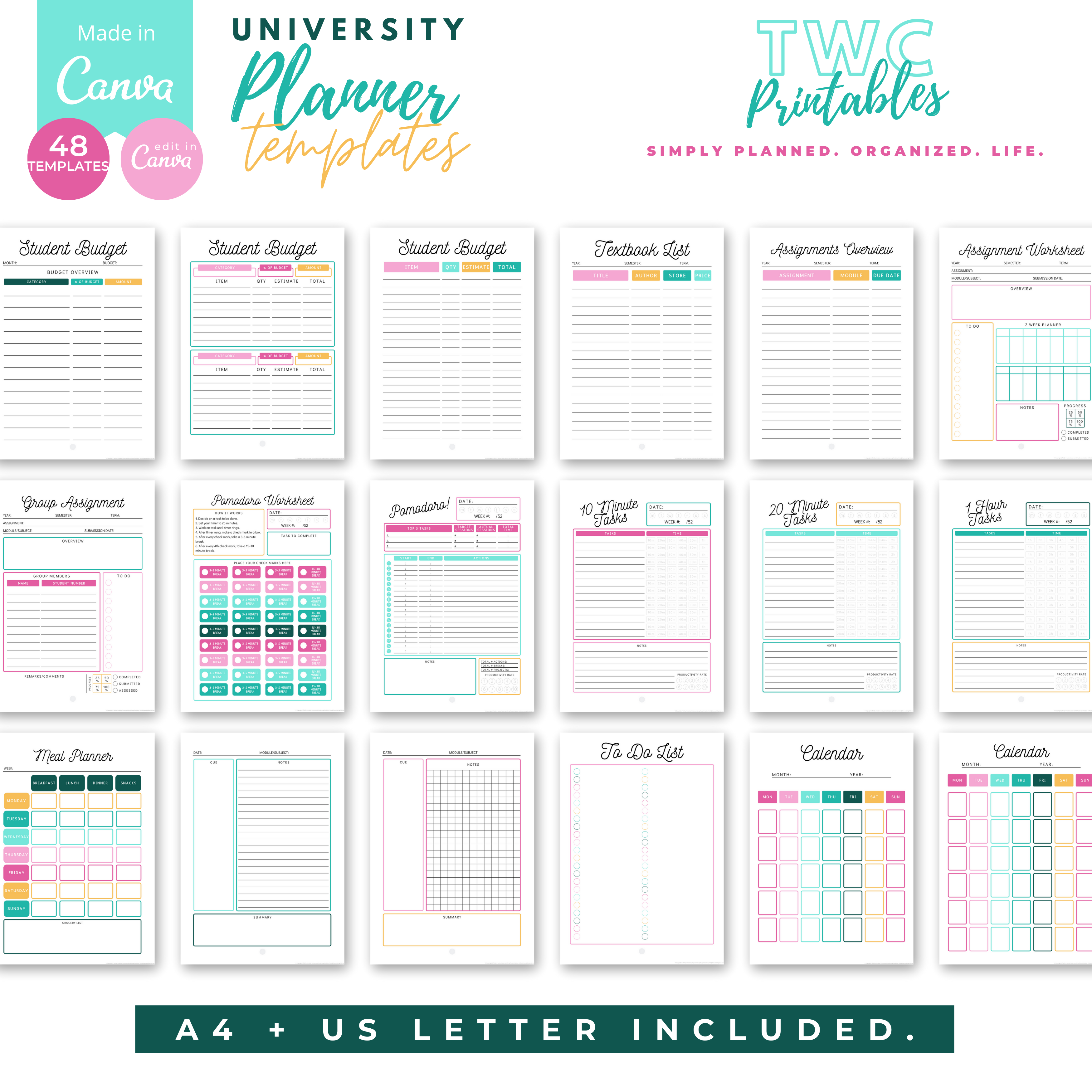 Plan out your student life with these editable university planner templates for Canva! Suitable for high school, college and university, these planner worksheets will help you to prep for exams, manage individual and group assignments, work with schedules, organize your study content and so much more! You can change everything from colors to fonts, text, elements, etc. all you need is a free Canva account.