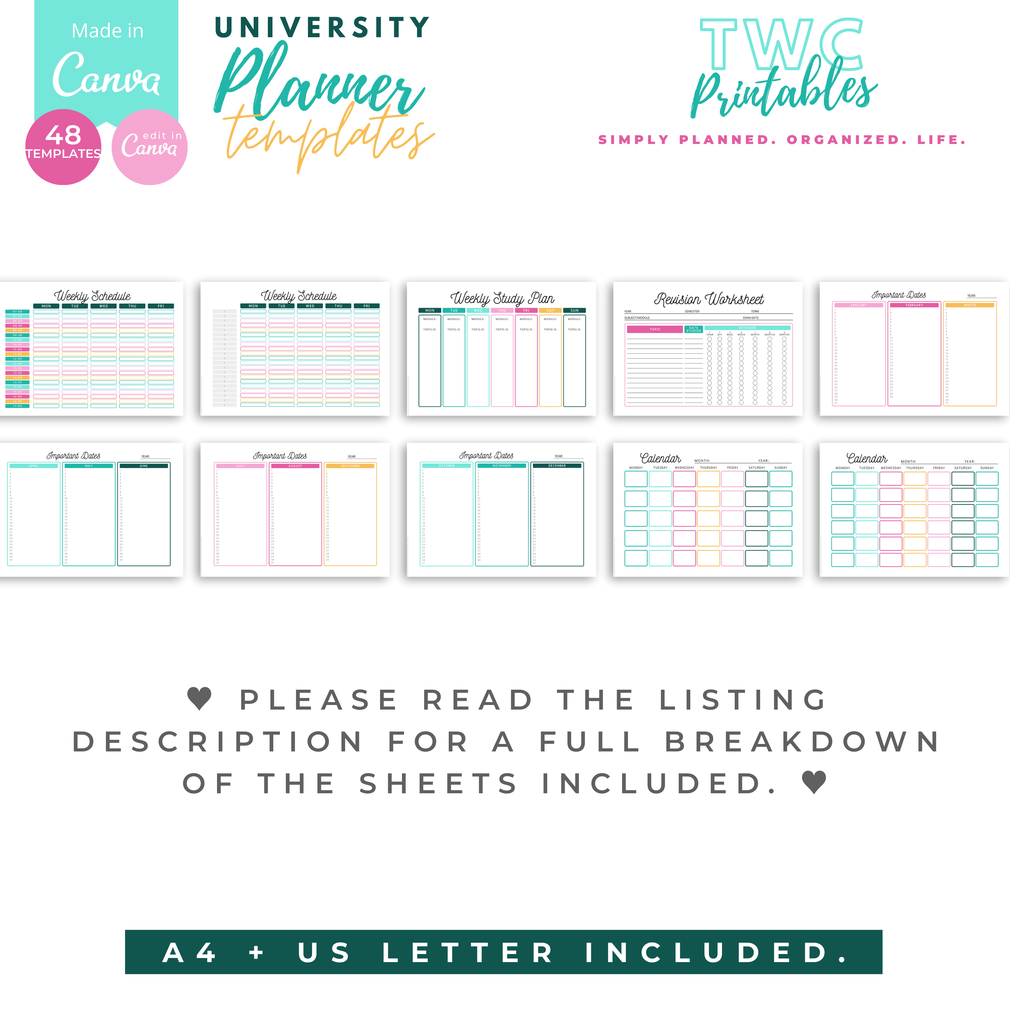 Plan out your student life with these editable university planner templates for Canva! Suitable for high school, college and university, these planner worksheets will help you to prep for exams, manage individual and group assignments, work with schedules, organize your study content and so much more! You can change everything from colors to fonts, text, elements, etc. all you need is a free Canva account.