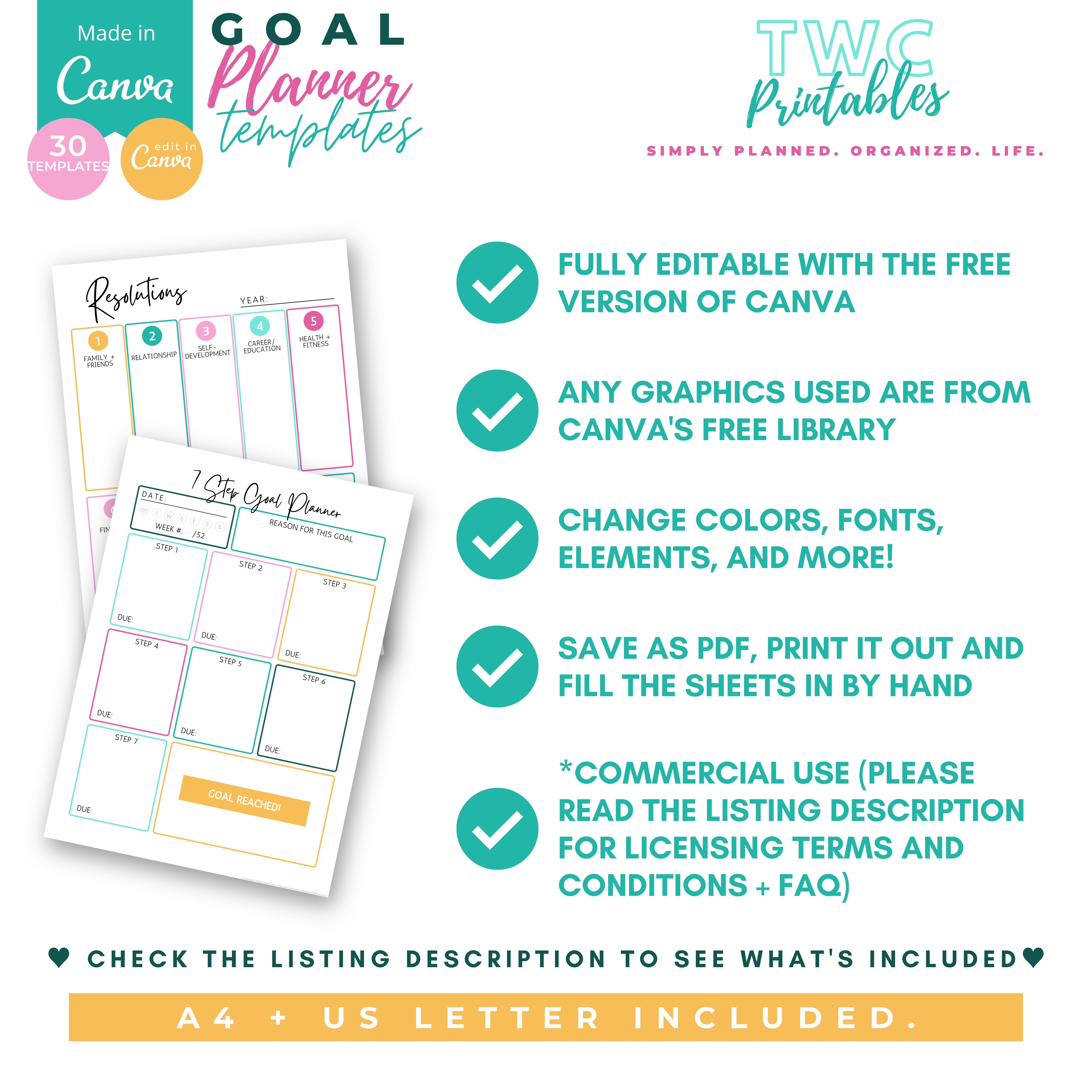 Set your goals and achieve them with these editable goal planner templates for Canva! Creating planner sheets from scratch takes so much time, and possibly money. These editable planner sheets will make it easier to create the sheets you really need to plan out your goals, resolutions, and priorities. Stay productive and get things done with the productivity planner sheets that are also included.