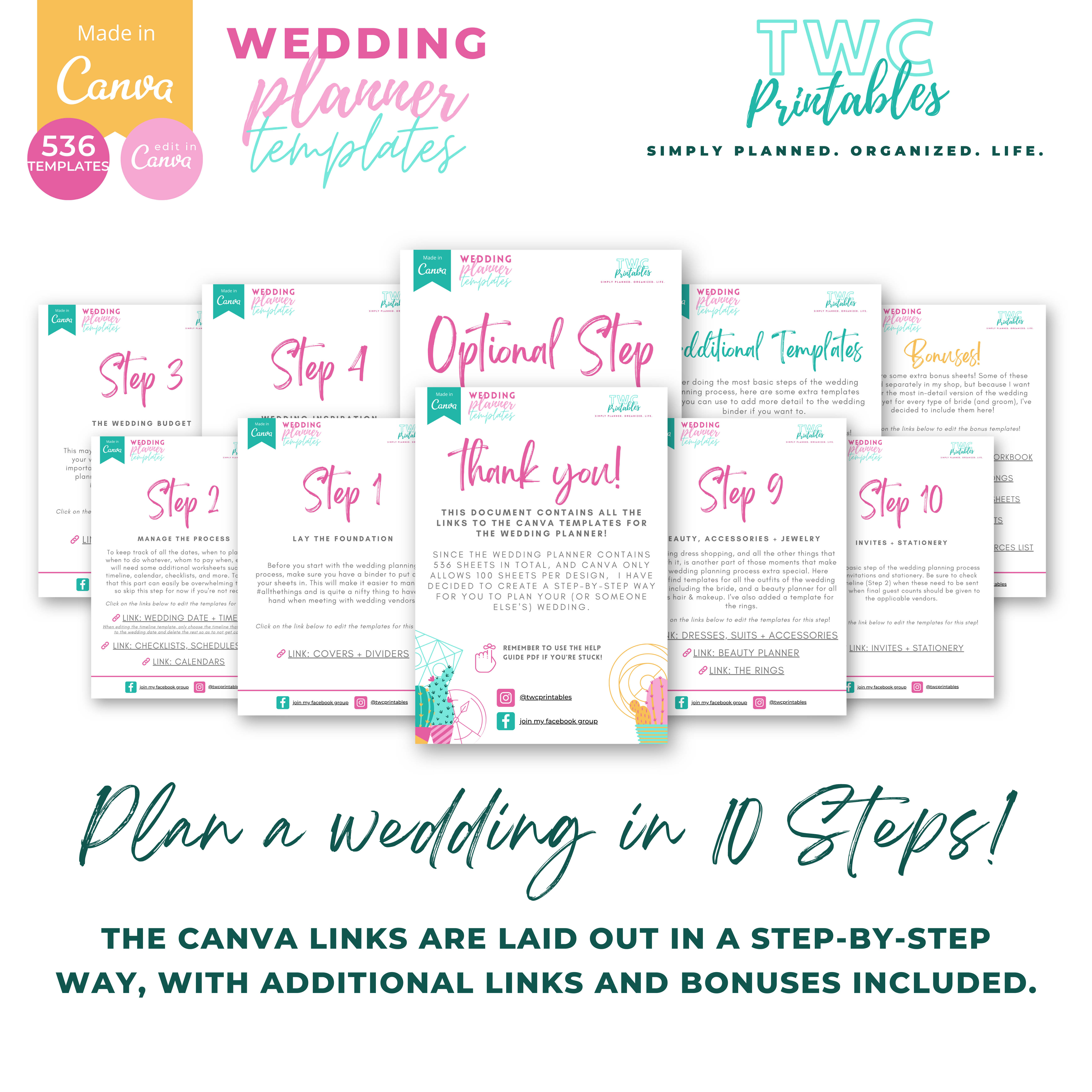 This is it! The editable wedding planner templates for Canva! With over 530 sheets to edit, the wedding binder template for Canva contains everything you need to plan your dream wedding. Use these templates to create your own wedding planner binder, or edit and print everything out to create a complete wedding binder! Simply edit this template with Canva! It comes in bright colors, but you can change everything in these templates from fonts, colors, elements, shapes, layouts, and more! All you need is a free Canva account! A free Canva guide for beginners is included in your purchase of this listing.