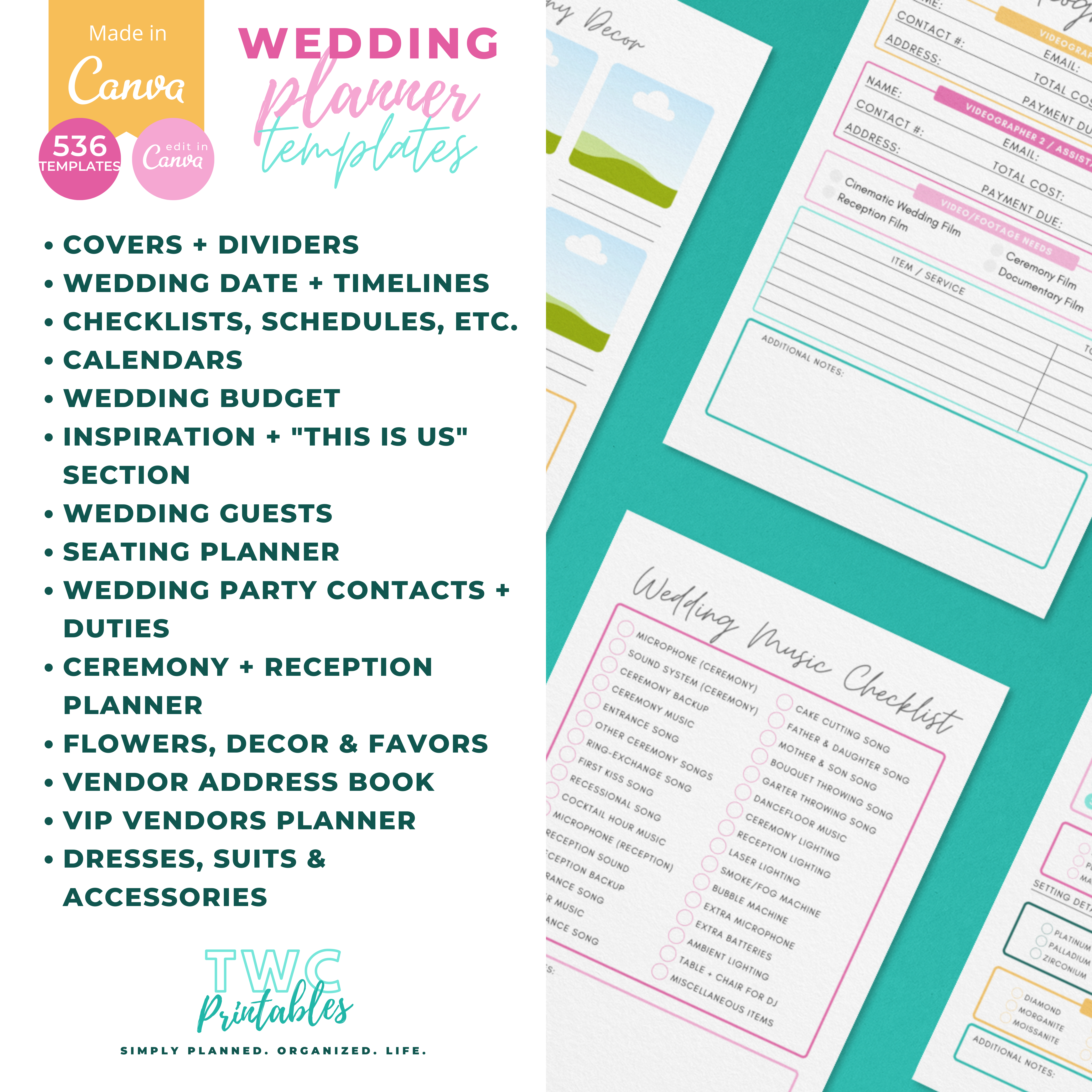 This is it! The editable wedding planner templates for Canva! With over 530 sheets to edit, the wedding binder template for Canva contains everything you need to plan your dream wedding. Use these templates to create your own wedding planner binder, or edit and print everything out to create a complete wedding binder! Simply edit this template with Canva! It comes in bright colors, but you can change everything in these templates from fonts, colors, elements, shapes, layouts, and more! All you need is a free Canva account! A free Canva guide for beginners is included in your purchase of this listing.