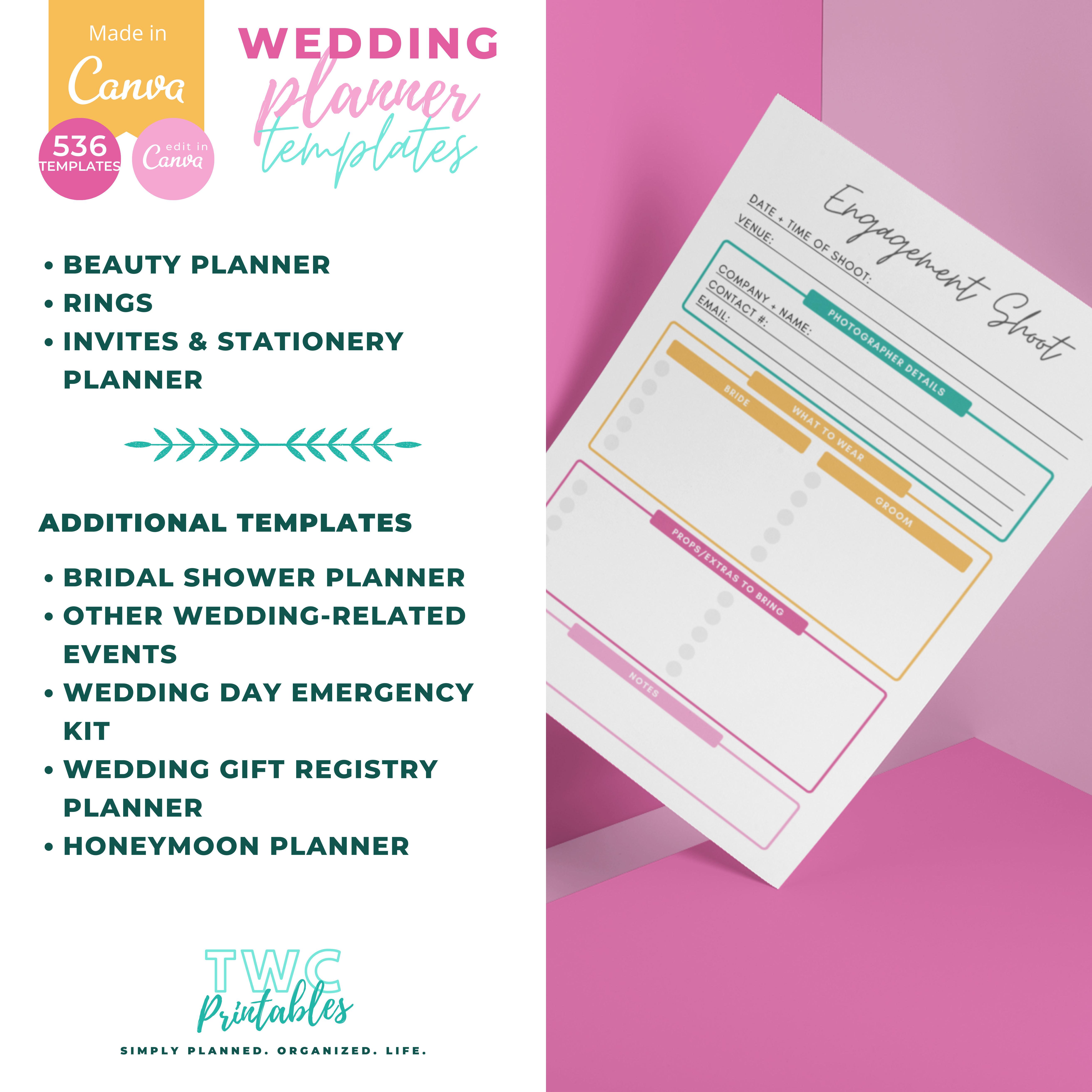 This is it! The editable wedding planner templates for Canva! With over 530 sheets to edit, the wedding binder template for Canva contains everything you need to plan your dream wedding. Use these templates to create your own wedding planner binder, or edit and print everything out to create a complete wedding binder! Simply edit this template with Canva! It comes in bright colors, but you can change everything in these templates from fonts, colors, elements, shapes, layouts, and more! All you need is a free Canva account! A free Canva guide for beginners is included in your purchase of this listing.