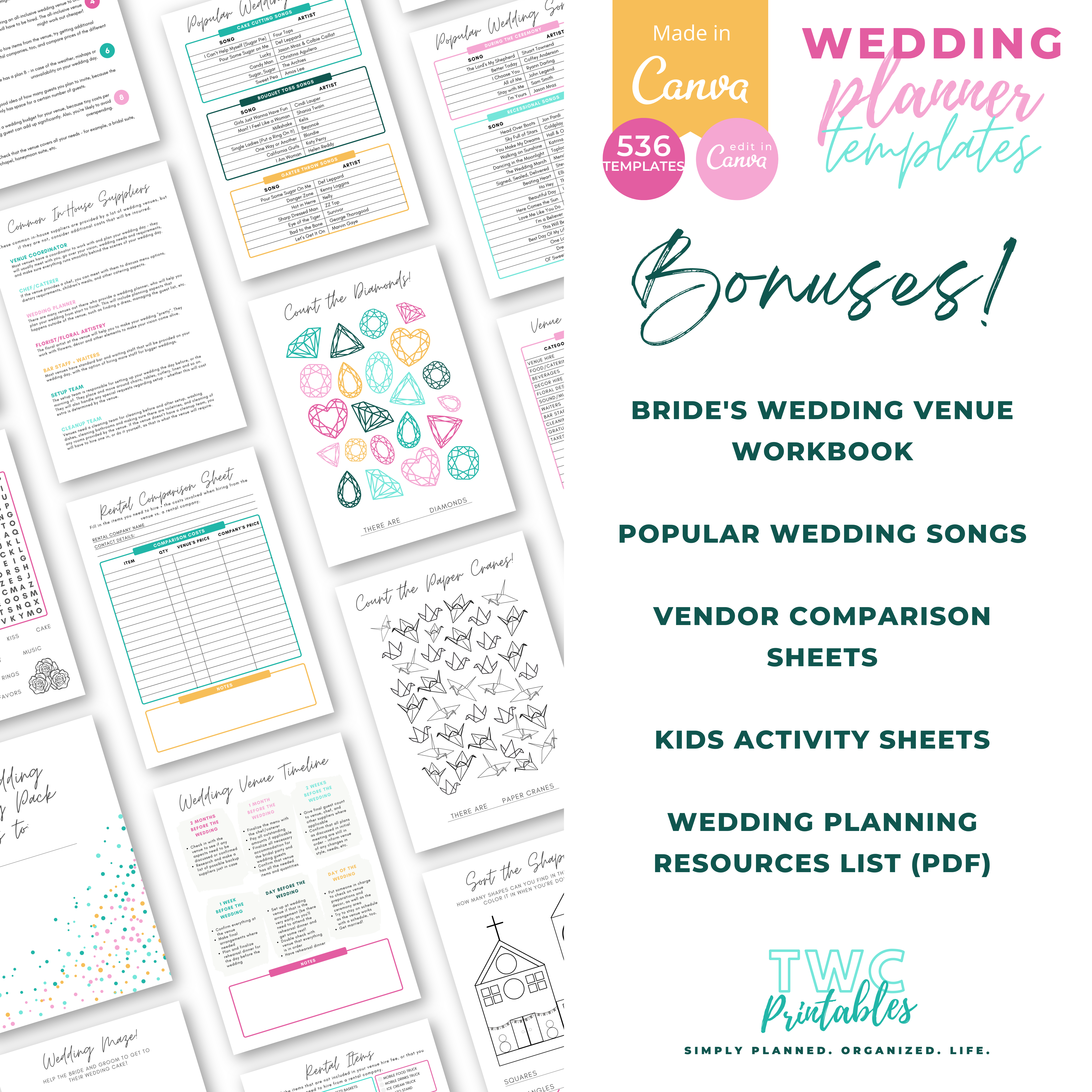 This is it! The editable wedding planner templates for Canva! With over 530 sheets to edit, the wedding binder template for Canva contains everything you need to plan your dream wedding. Use these templates to create your own wedding planner binder, or edit and print everything out to create a complete wedding binder! Simply edit this template with Canva! It comes in bright colors, but you can change everything in these templates from fonts, colors, elements, shapes, layouts, and more! All you need is a free Canva account! A free Canva guide for beginners is included in your purchase of this listing.