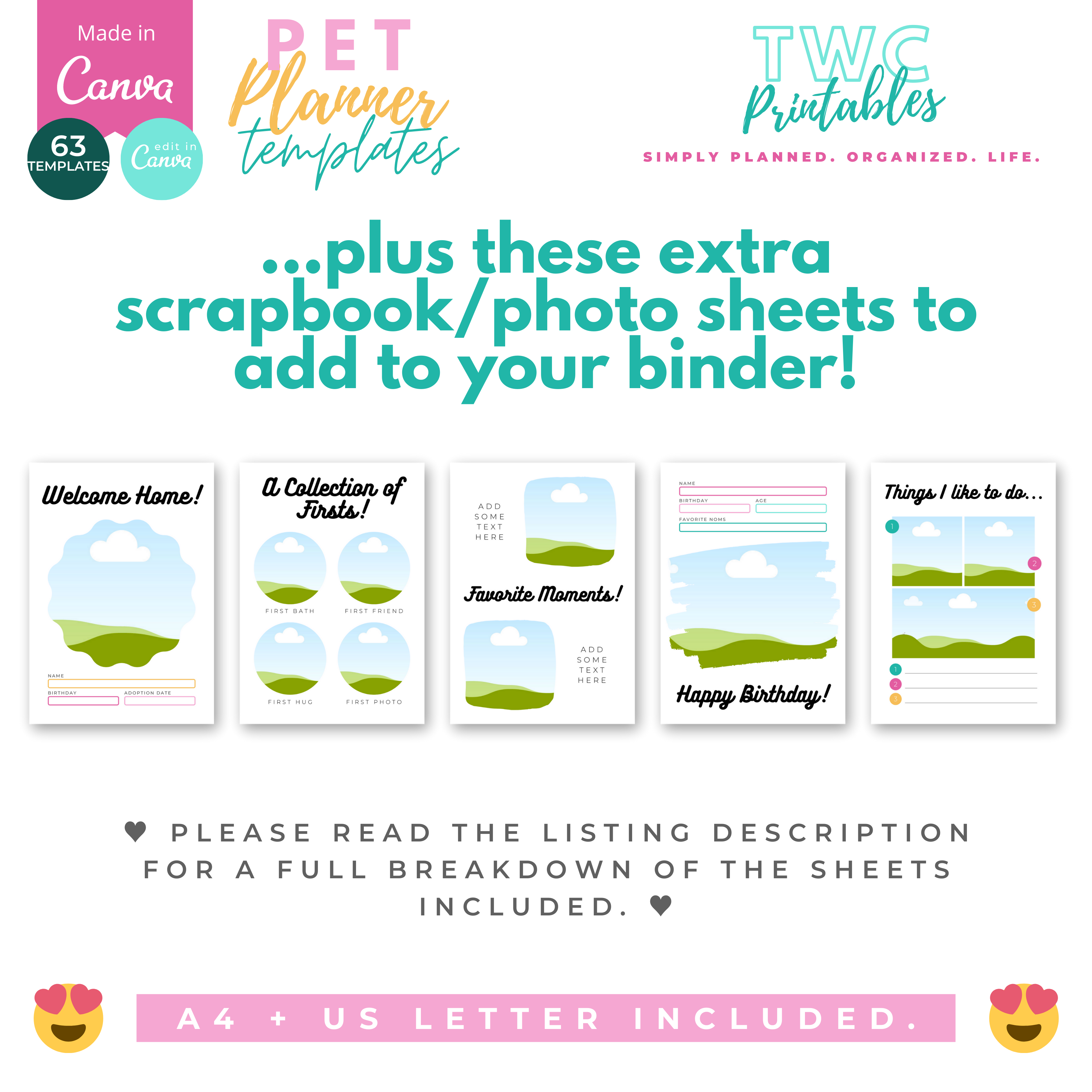 The editable pet planner templates for Canva will help you to create your own pet planner printable, or various pages for your pet organizer! Make your own pet care planner or puppy planner with this Canva kit! The planner is also great as pet owner gifts. It comes in a bright design, but you can change everything in these templates from fonts, colors, elements, shapes, layouts, and more! All you need is a free Canva account!