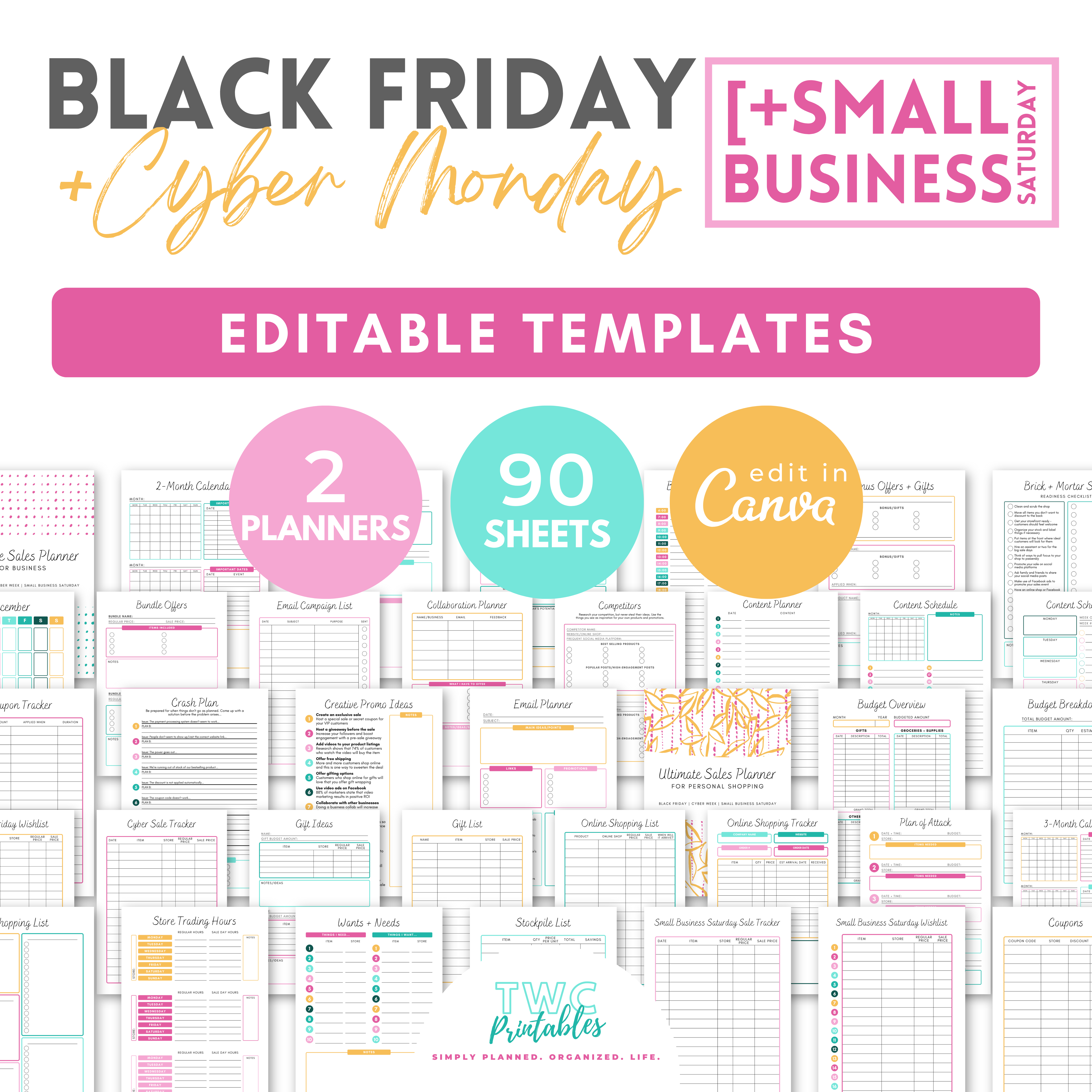 Tackle the ultimate sales event of the year head-on! Whether you're focusing on Black Friday, Cyber Monday/Week, or even Small Business Saturday for your personal shopping or your business campaigns, these planners will help. Simply edit this template with the free version of Canva - you can change the entire design, including fonts, colors, elements, and much more! A free Canva guide for beginners is included in your purchase of this listing.