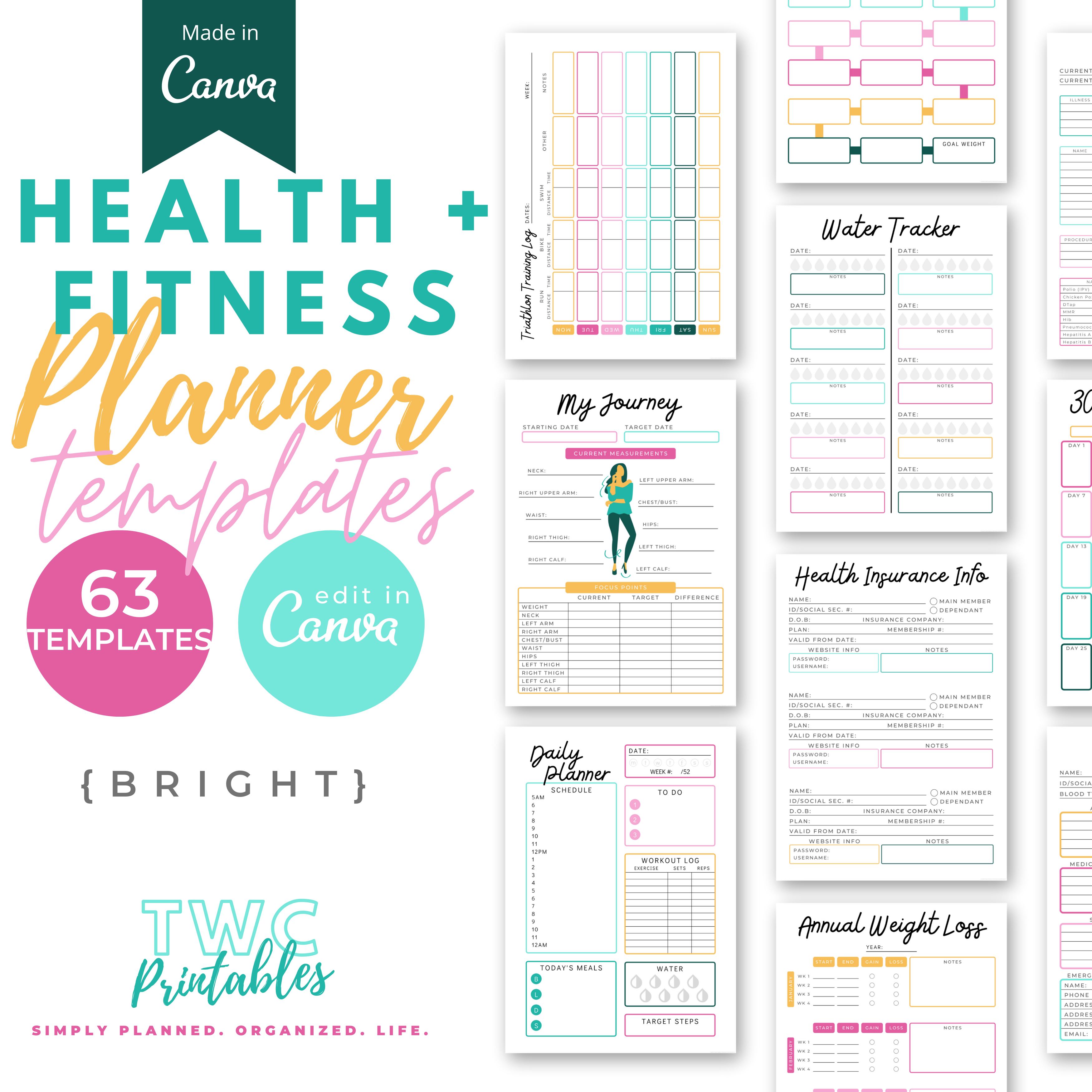 Create your own health & fitness planner with these editable template sheets for Canva! Includes plenty of trackers, charts, checklists, and more to keep your lifestyle organized! This planner is designed with beautiful colors and motifs, which can be changed to your liking or used as is...