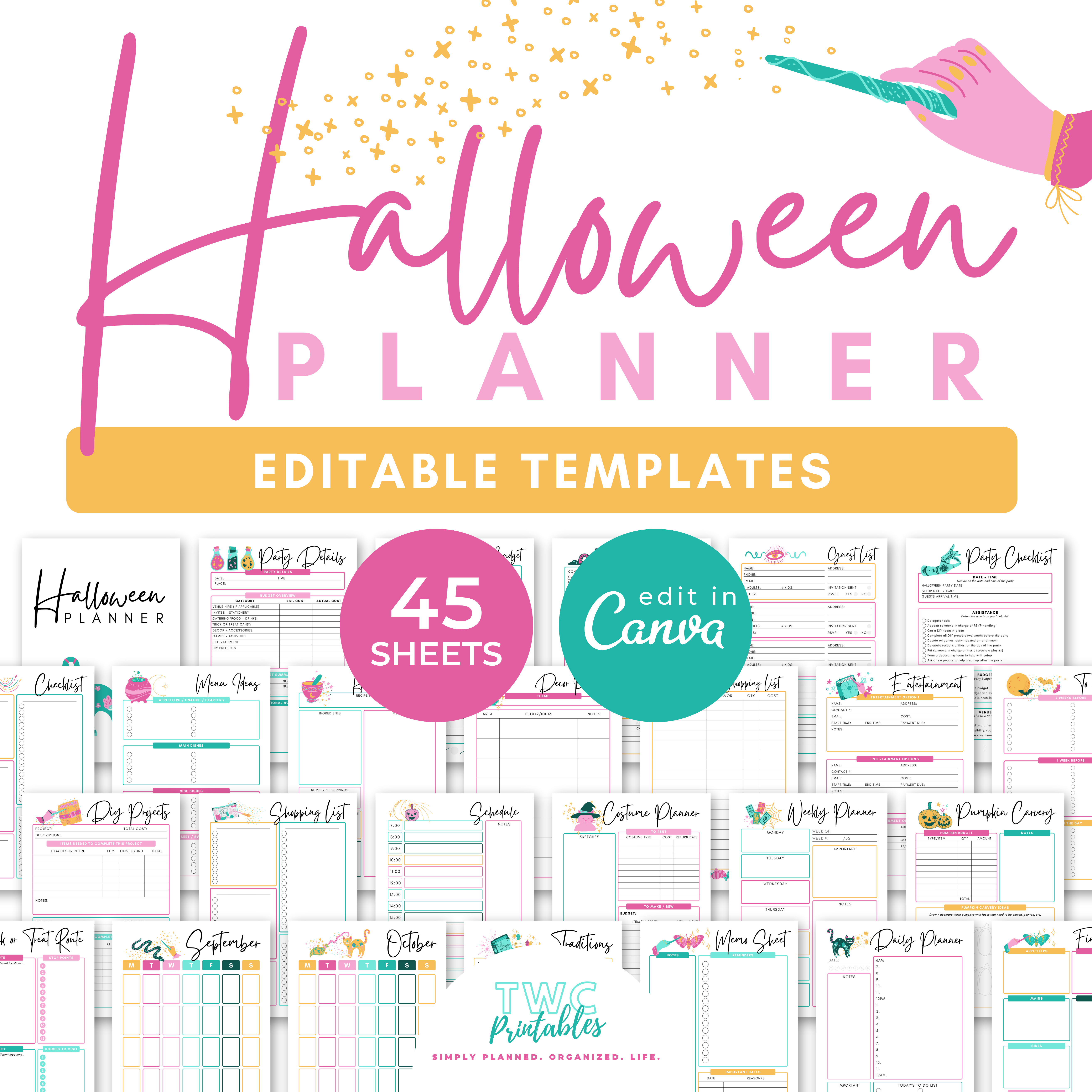 The ultimate Halloween party planner will help you to plan all aspects of this epic event - from Halloween costume planning and pumpkin carving ideas, to menu planning, guest list management, and more! Simply edit this template with the free version of Canva - you can change the entire design, including fonts, colors, elements, and much more! A free Canva guide for beginners is included in your purchase of this listing.