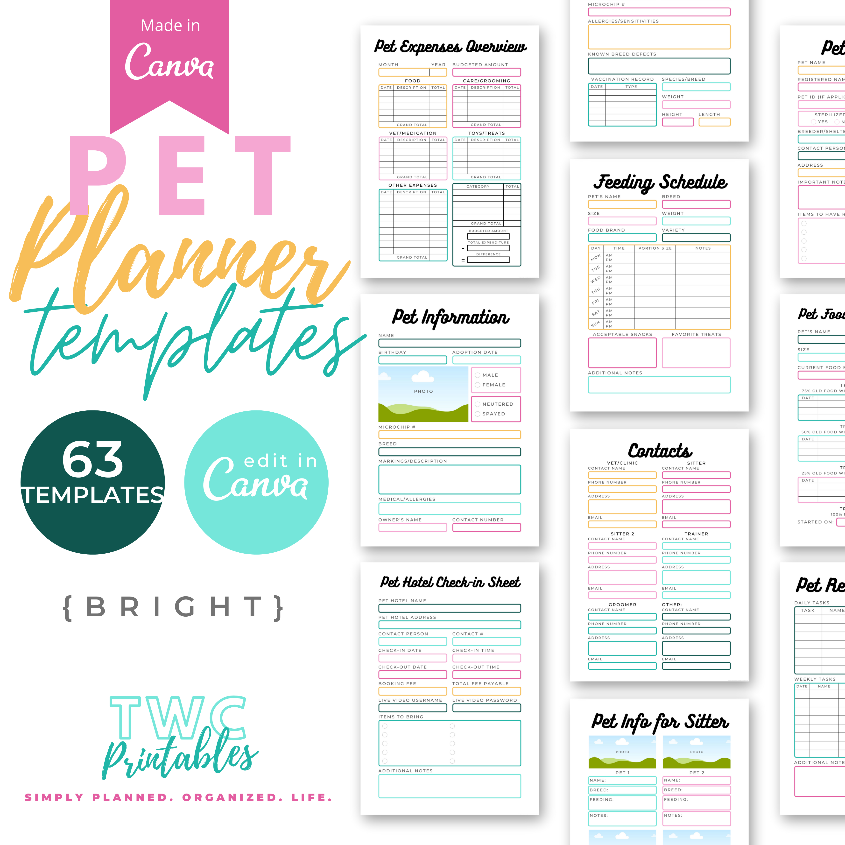 The editable pet planner templates for Canva will help you to create your own pet planner printable, or various pages for your pet organizer! Make your own pet care planner or puppy planner with this Canva kit! The planner is also great as pet owner gifts. It comes in a bright design, but you can change everything in these templates from fonts, colors, elements, shapes, layouts, and more! All you need is a free Canva account!