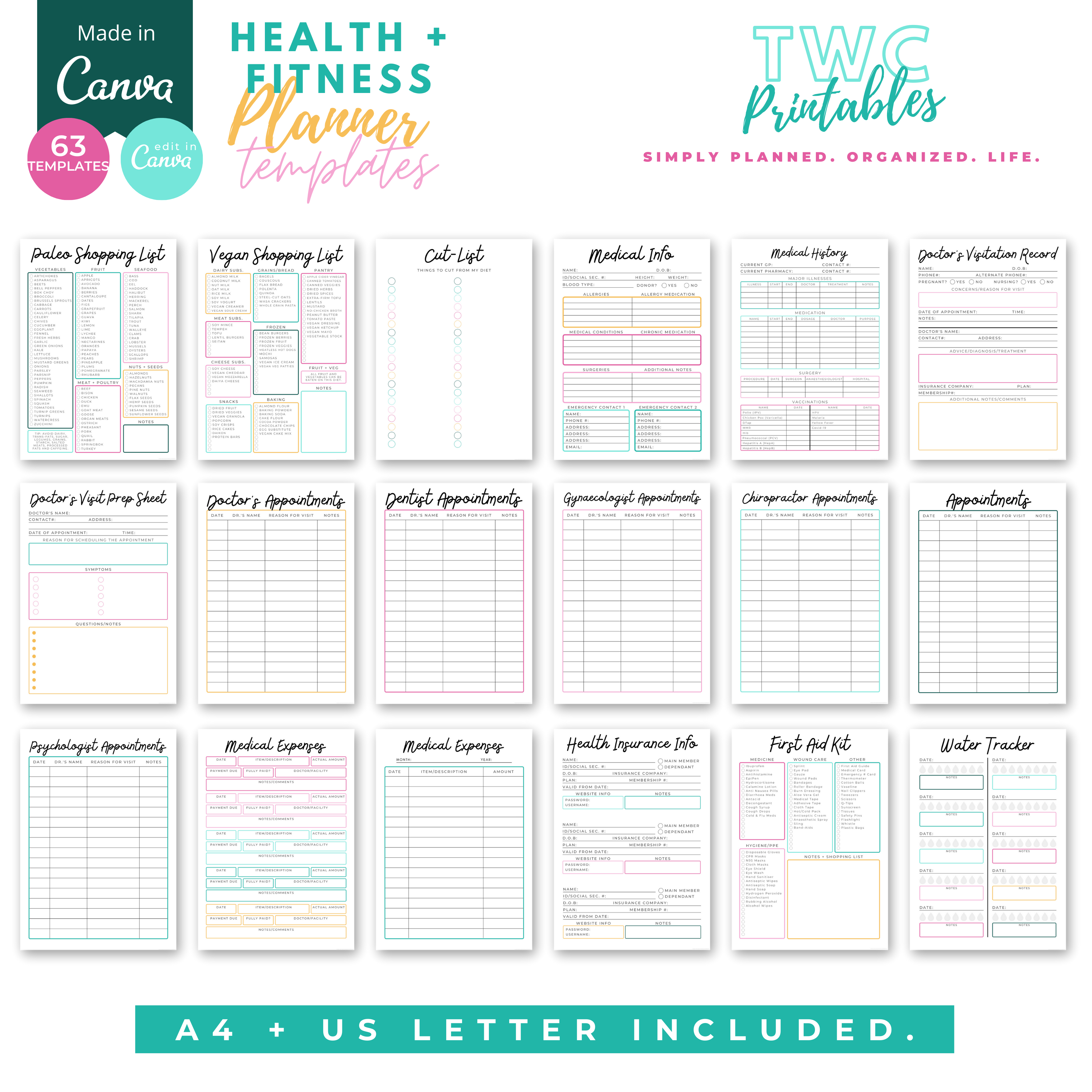Create your own health & fitness planner with these editable template sheets for Canva! Includes plenty of trackers, charts, checklists, and more to keep your lifestyle organized! This planner is designed with beautiful colors and motifs, which can be changed to your liking or used as is...