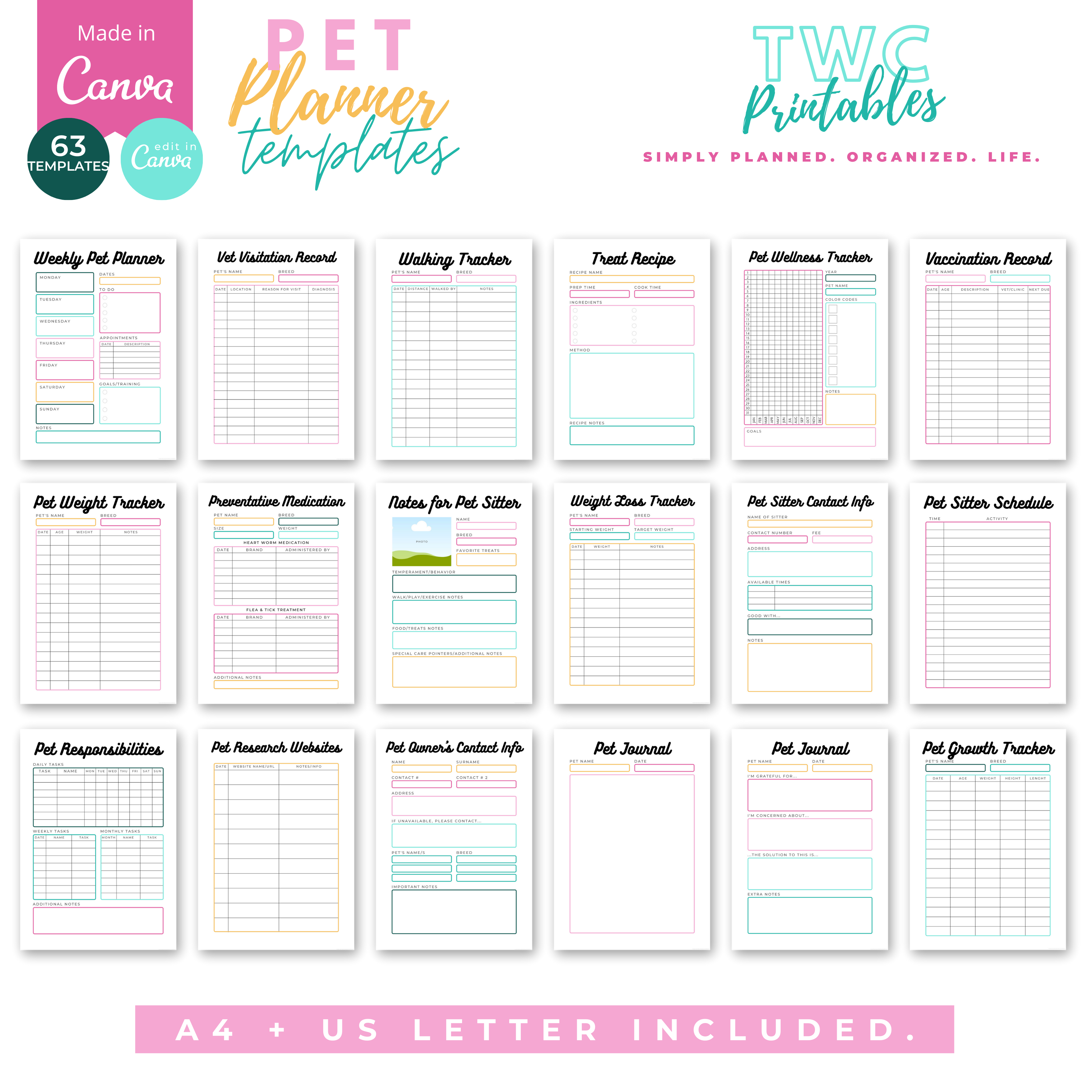 The editable pet planner templates for Canva will help you to create your own pet planner printable, or various pages for your pet organizer! Make your own pet care planner or puppy planner with this Canva kit! The planner is also great as pet owner gifts. It comes in a bright design, but you can change everything in these templates from fonts, colors, elements, shapes, layouts, and more! All you need is a free Canva account!