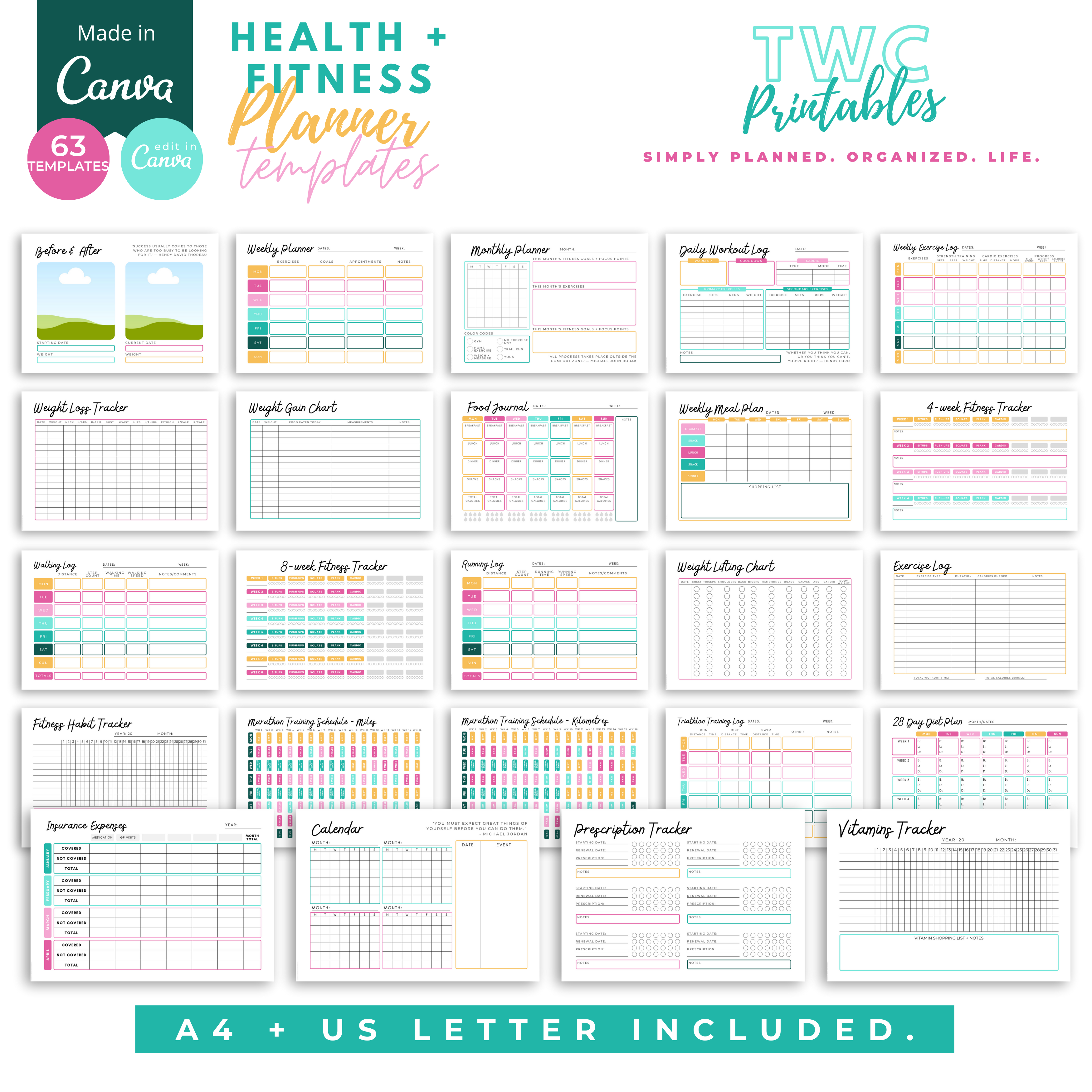 Create your own health & fitness planner with these editable template sheets for Canva! Includes plenty of trackers, charts, checklists, and more to keep your lifestyle organized! This planner is designed with beautiful colors and motifs, which can be changed to your liking or used as is...
