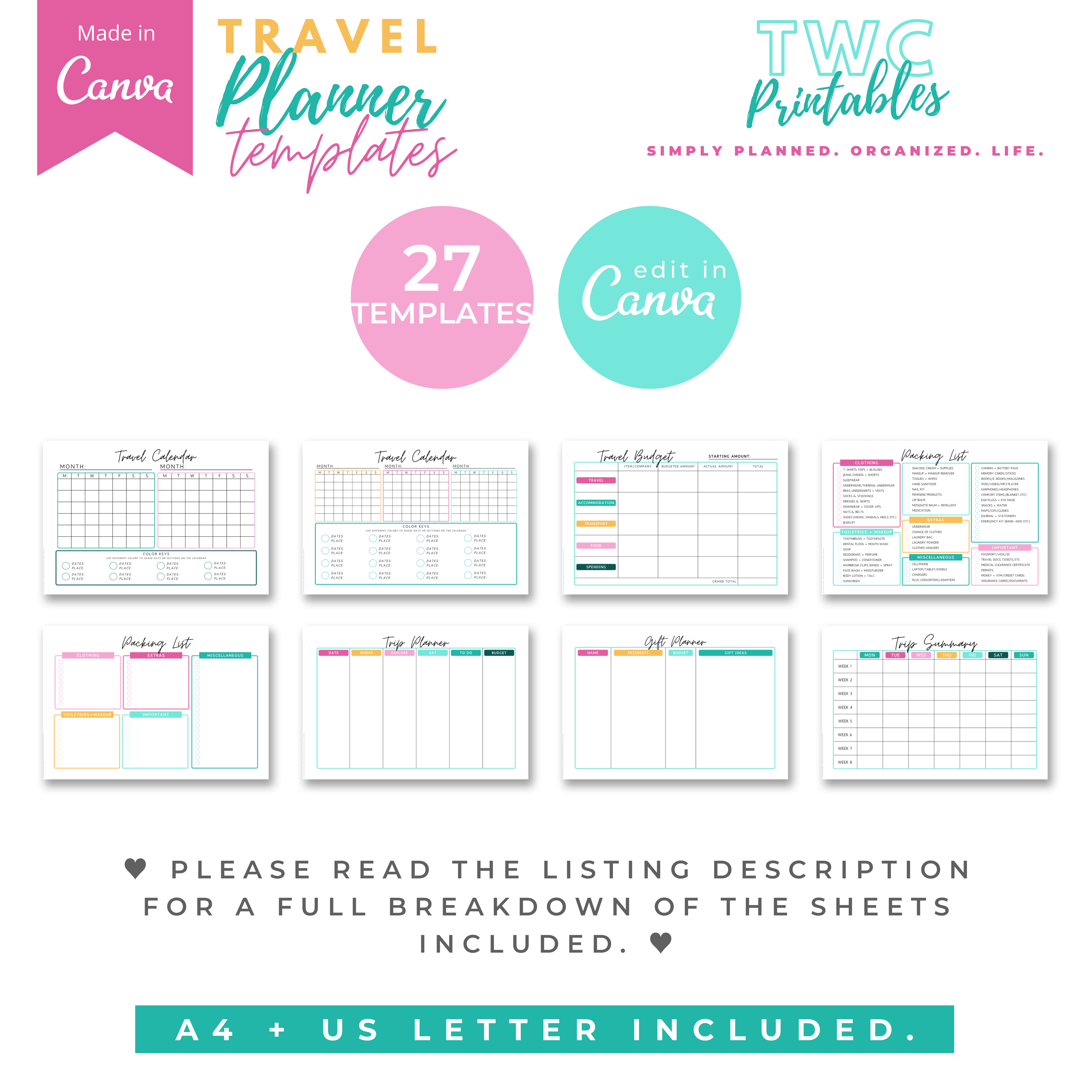 Plan your next epic trip with this editable travel planner template for Canva! Creating planner sheets from scratch takes so much time, and possibly money. These editable planner sheets will make it easier to create the sheets you really need to plan out your trips, budget, checklists and more. Edit these templates with the free version of Canva!