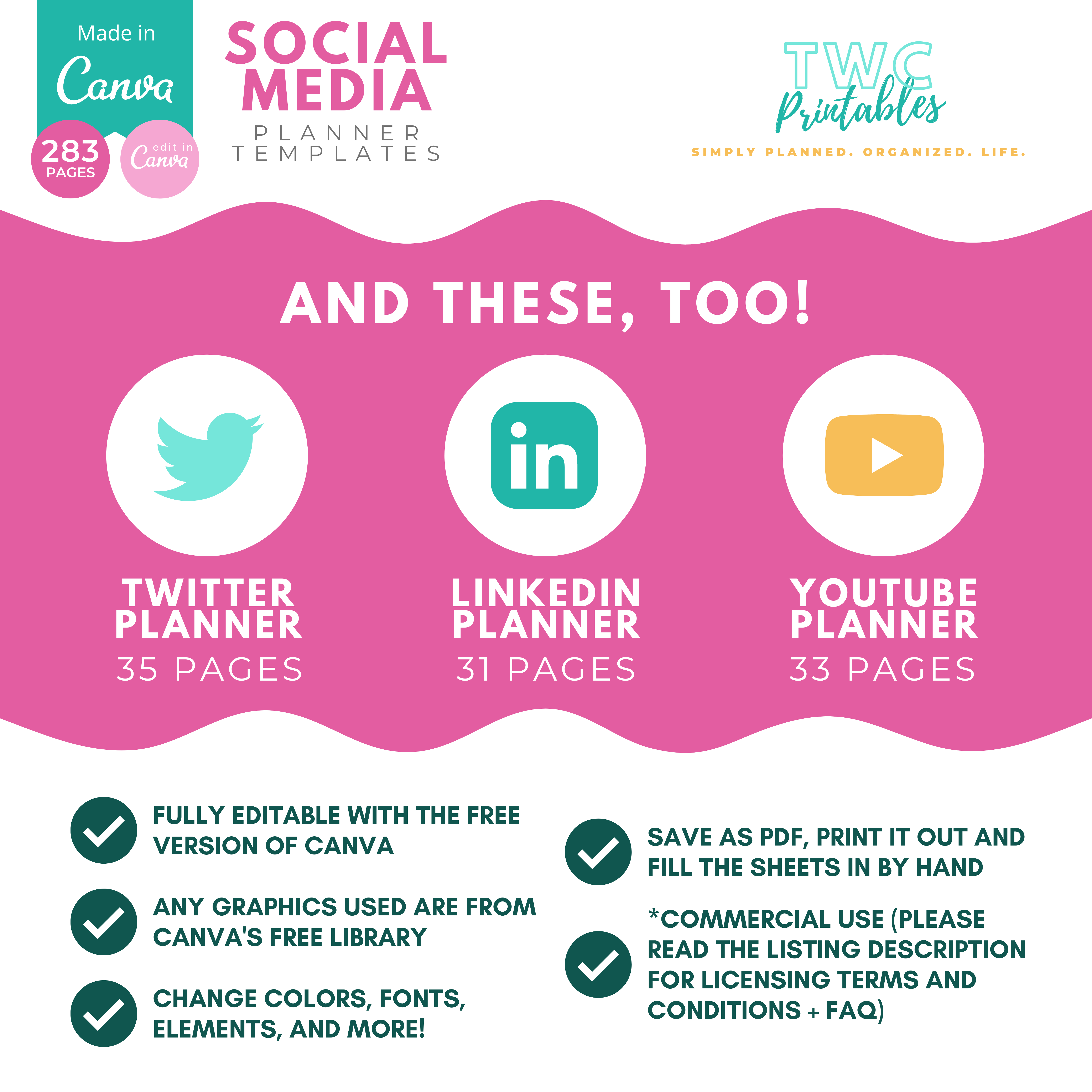 This is THE ULTIMATE Social Media Planner Canva Template! With over 250 pages, you can create all the planners you need for your social media accounts. Create your Pinterest Planner, YouTube Planner, and all other social platform planners for Instagram, Facebook, TikTok, LinkedIn, and Twitter. Using Social Media Canva templates means that you can change things around to suit your needs!