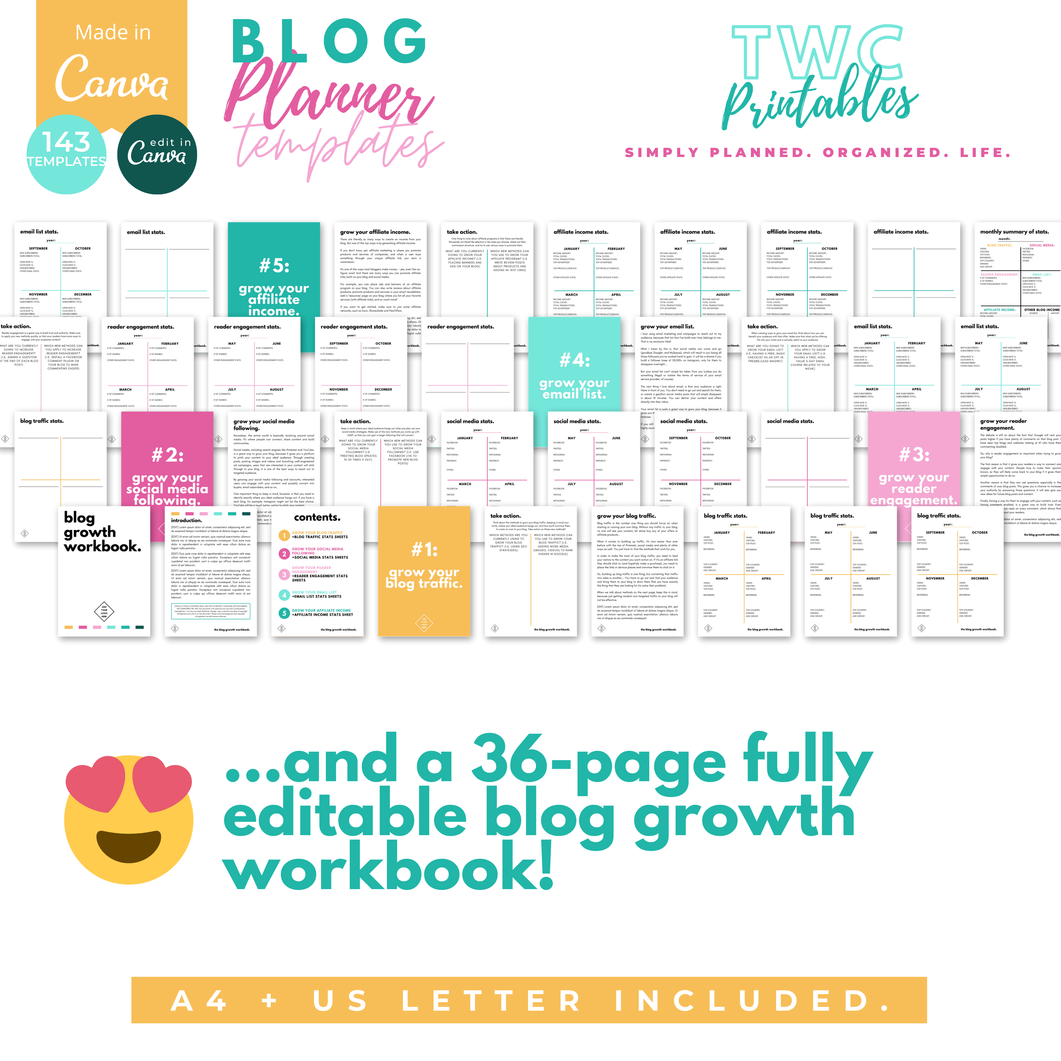 Plan and manage your blog with these handy editable blog planner templates for Canva! These sheets will help you to keep track of your blog stats, posts, sharing your blog content on social media, manage your blog like a business and so much more! You can change everything from colors to fonts, text, elements, etc. all you need is a free Canva account.