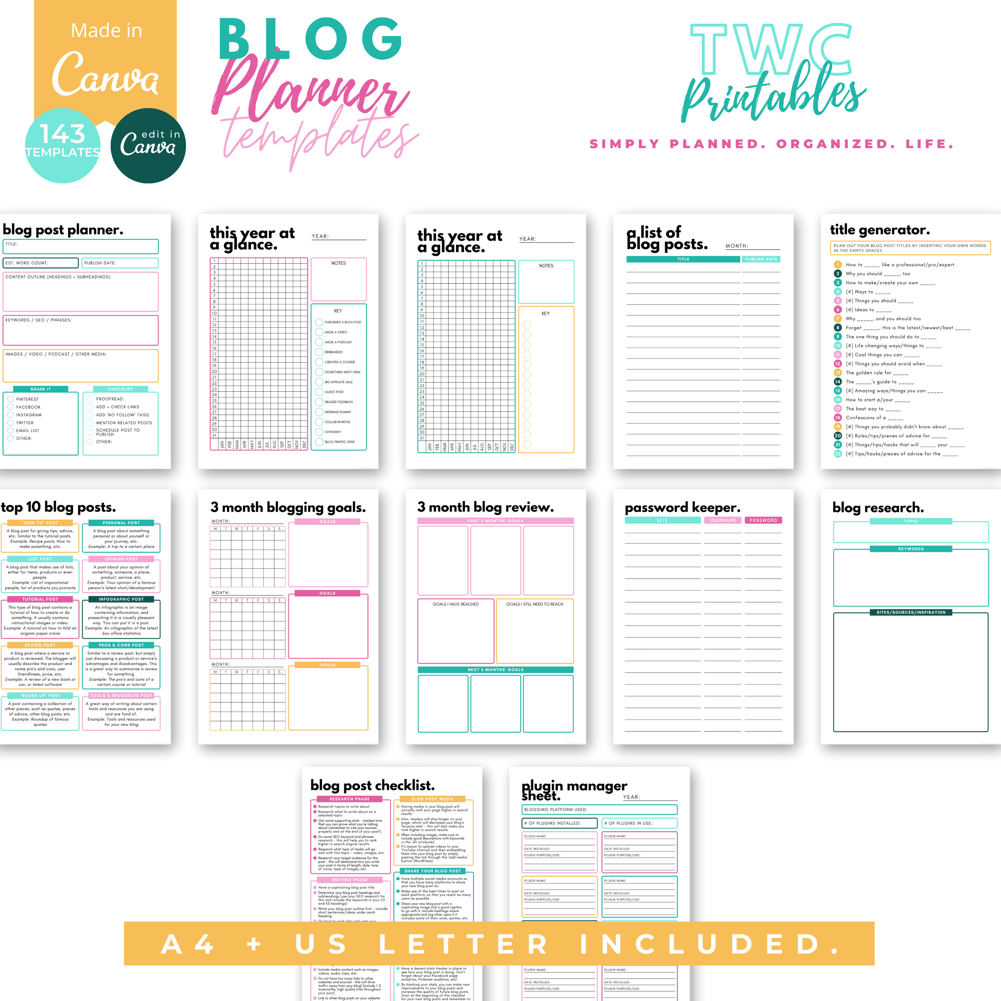 Plan and manage your blog with these handy editable blog planner templates for Canva! These sheets will help you to keep track of your blog stats, posts, sharing your blog content on social media, manage your blog like a business and so much more! You can change everything from colors to fonts, text, elements, etc. all you need is a free Canva account.