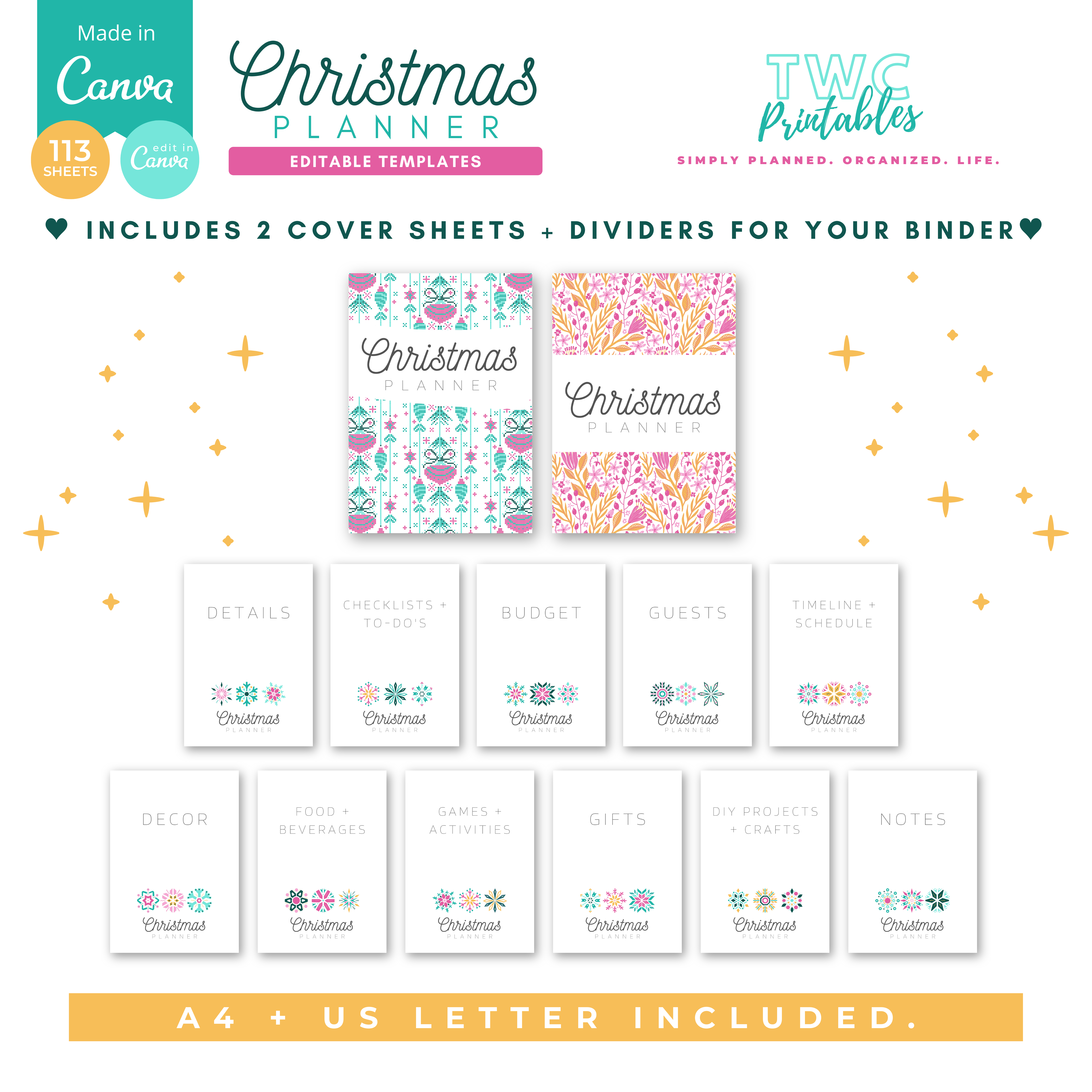 This ultimate Christmas Planner is an editable Canva Template that you can change to suit your needs! Create your very own holiday planner by simply editing this template with the free version of Canva - you can change the entire design, including fonts, colors, elements, and much more! A free Canva guide for beginners is included in your purchase of this listing. The Christmas Planner template can be used for 2021 and beyond (the calendars are undated).