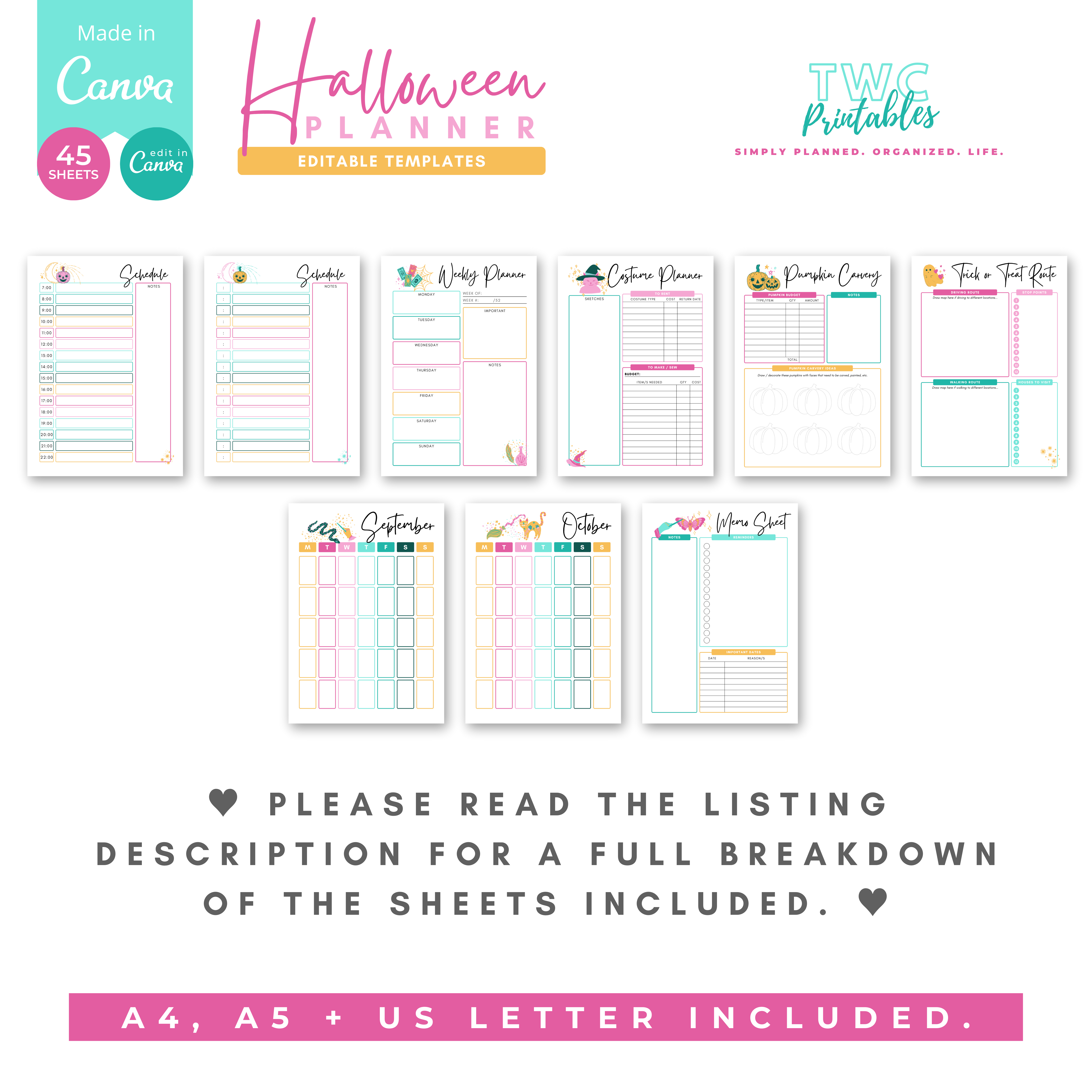 The ultimate Halloween party planner will help you to plan all aspects of this epic event - from Halloween costume planning and pumpkin carving ideas, to menu planning, guest list management, and more! Simply edit this template with the free version of Canva - you can change the entire design, including fonts, colors, elements, and much more! A free Canva guide for beginners is included in your purchase of this listing.