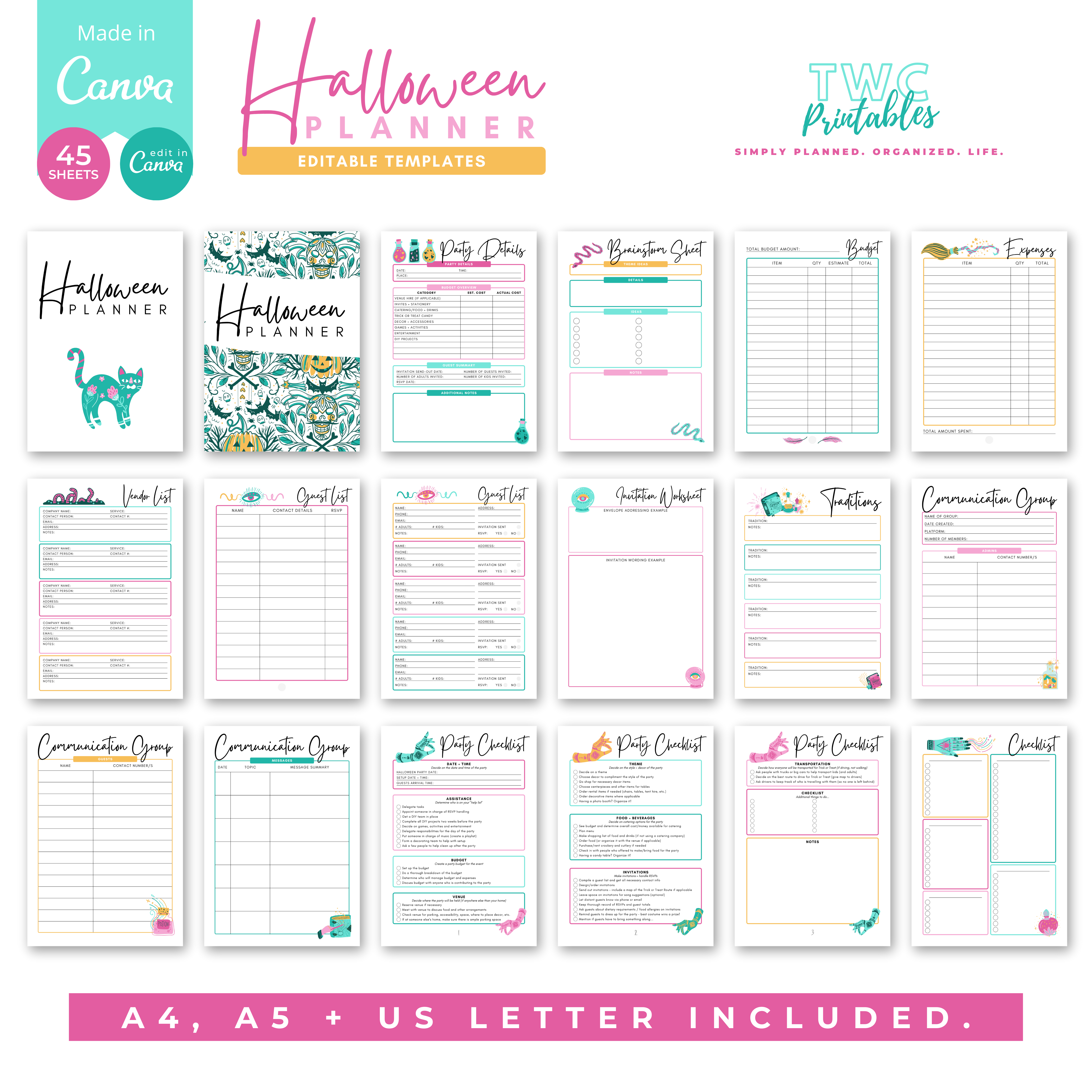 The ultimate Halloween party planner will help you to plan all aspects of this epic event - from Halloween costume planning and pumpkin carving ideas, to menu planning, guest list management, and more! Simply edit this template with the free version of Canva - you can change the entire design, including fonts, colors, elements, and much more! A free Canva guide for beginners is included in your purchase of this listing.