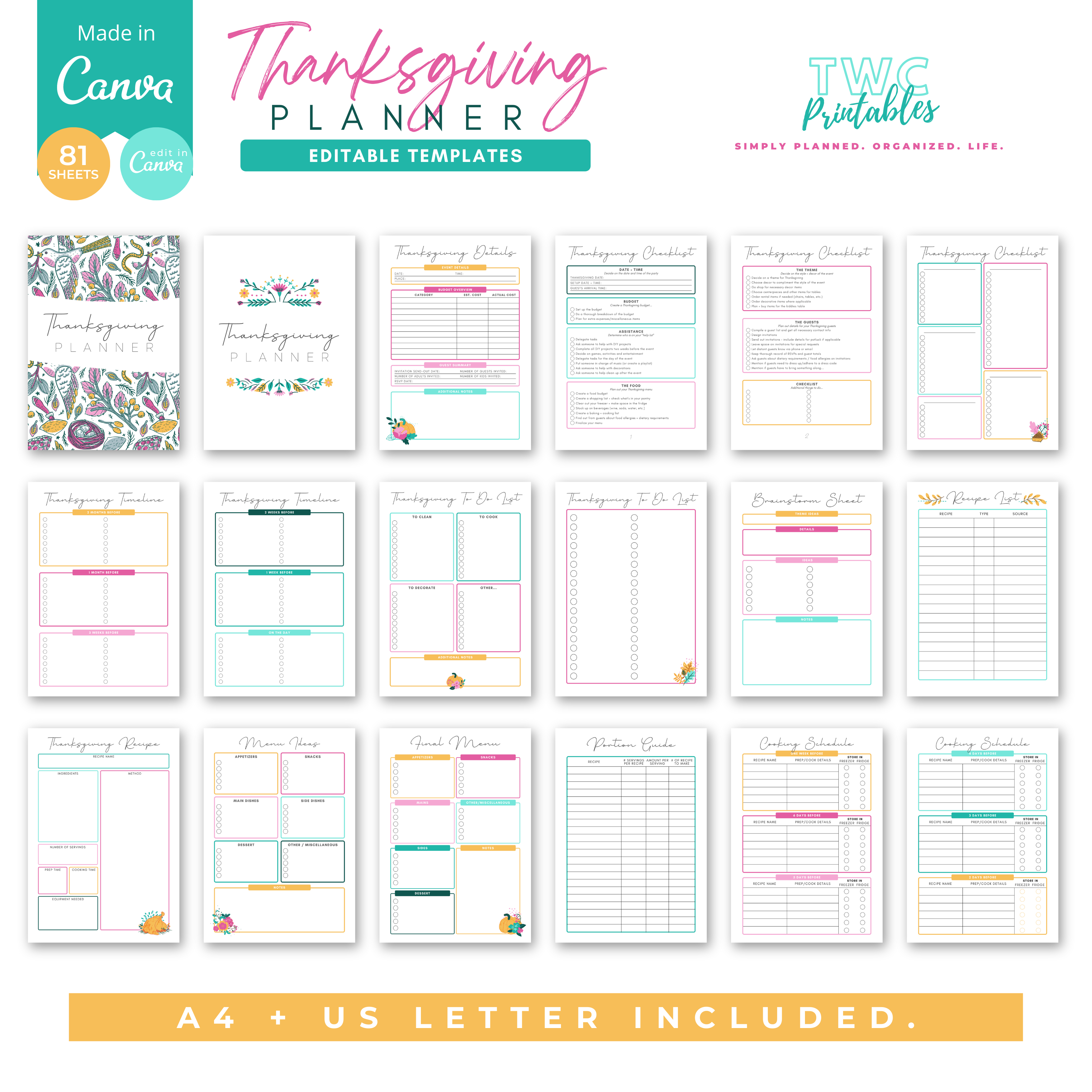 The ultimate Thanksgiving planner will help you to plan all aspects of this beautiful event! Plan out your entire menu, meal prep, and recipes. Get your house ready for guests and make all the necessary Thanksgiving preparations. Simply edit this template with the free version of Canva - you can change the entire design, including fonts, colors, elements, and much more! A free Canva guide for beginners is included in your purchase of this listing.