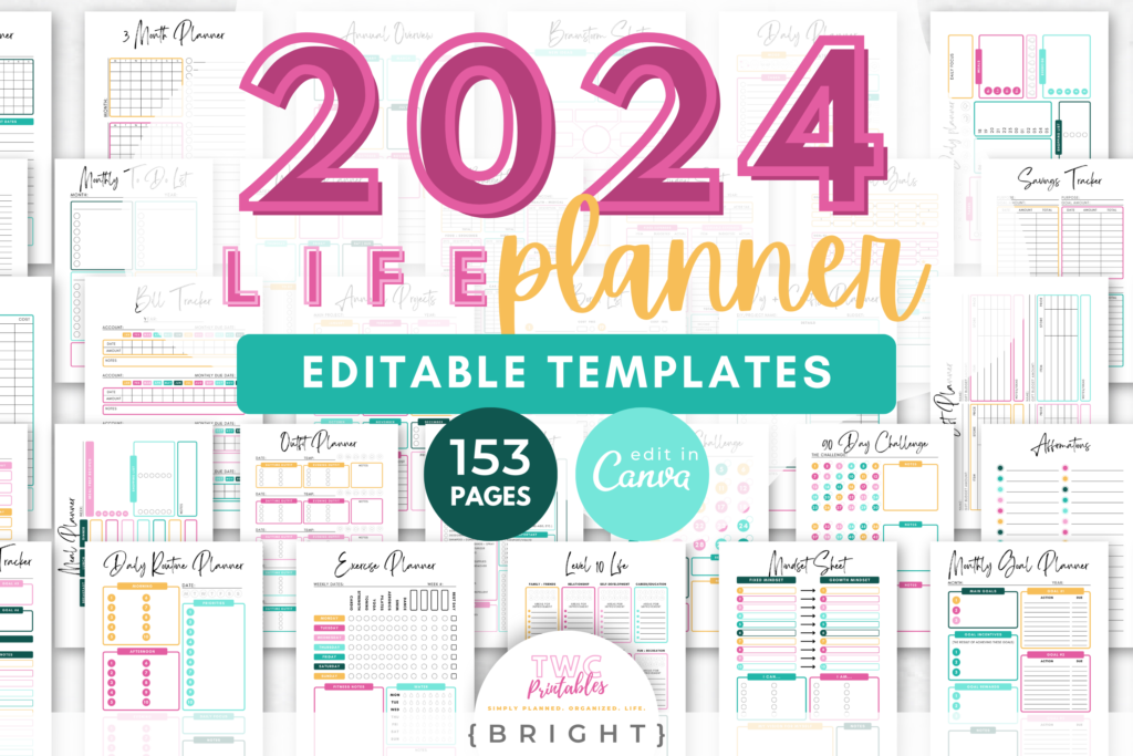 2024 Planner Templates for Canva | 153 Pages | 2024 Calendar, Monthly Planner, Lifestyle Planner, Agenda 2024 Canva, Planner Kit //BRIGHT Collection - TWCprintables