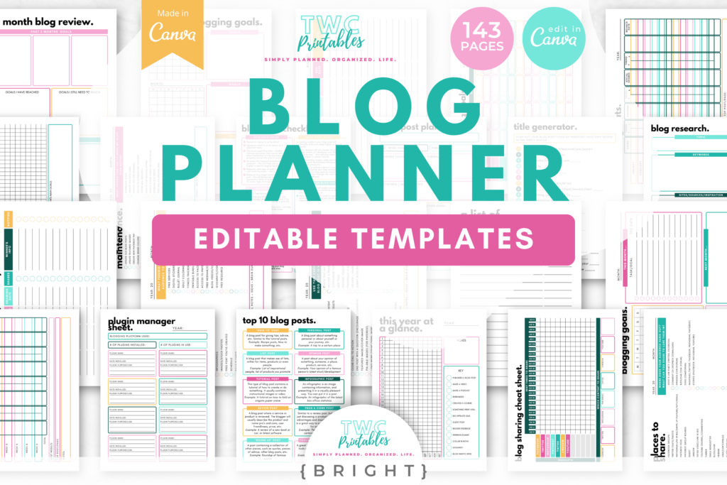 Blog Planner Canva Templates, Blogging Planner Templates, Blogging How To, Blogging Kit, Blog Content Calendar, Blog Post Template, Canva - BRIGHT - TWCprintables