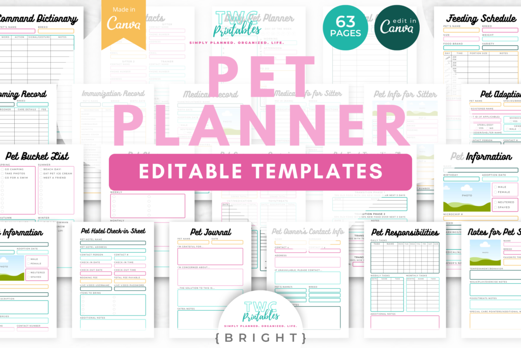 Pet Planner Canva Templates - BRIGHT - TWCprintables
