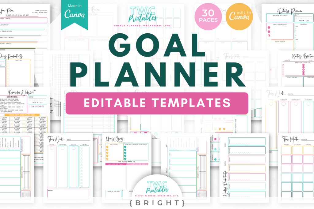 Goal Planner Templates for Canva | 30 Pages | Editable Planner Pages Inserts, Goal Worksheet Templates for Canva //BRIGHT - TWCprintables