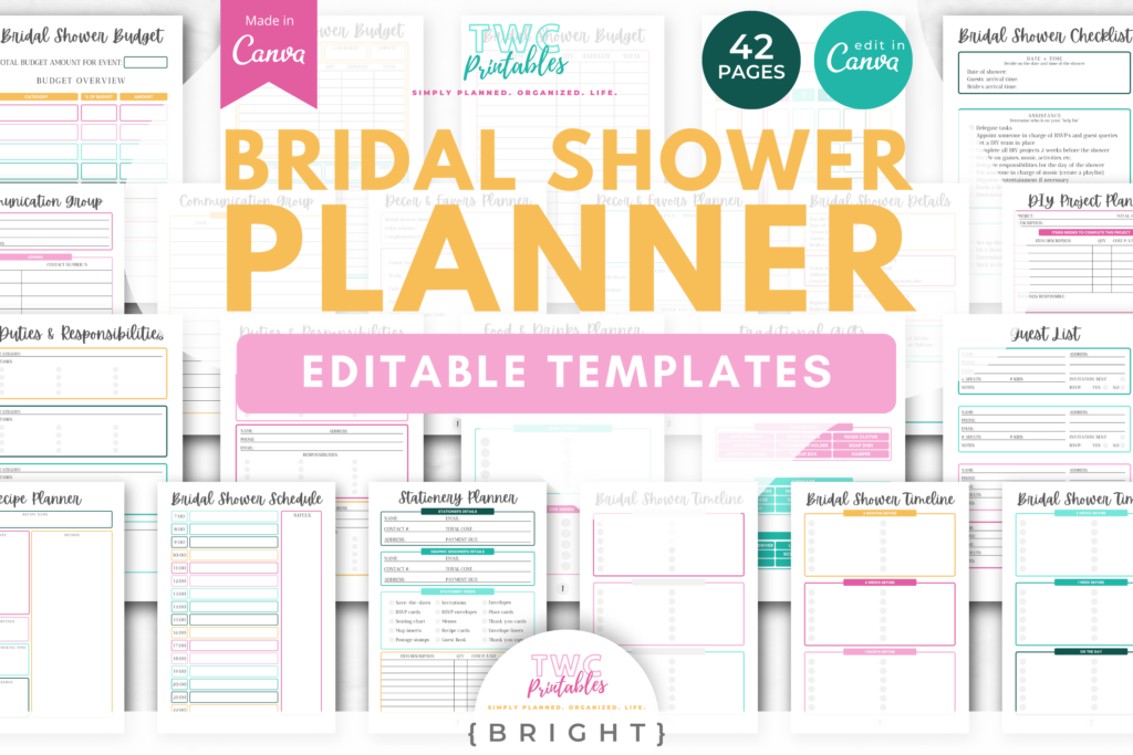 Editable Bridal Shower Planner Templates for Canva, bridal shower template, bridal shower canva, canva planner template kit // BRIGHT - TWCprintables