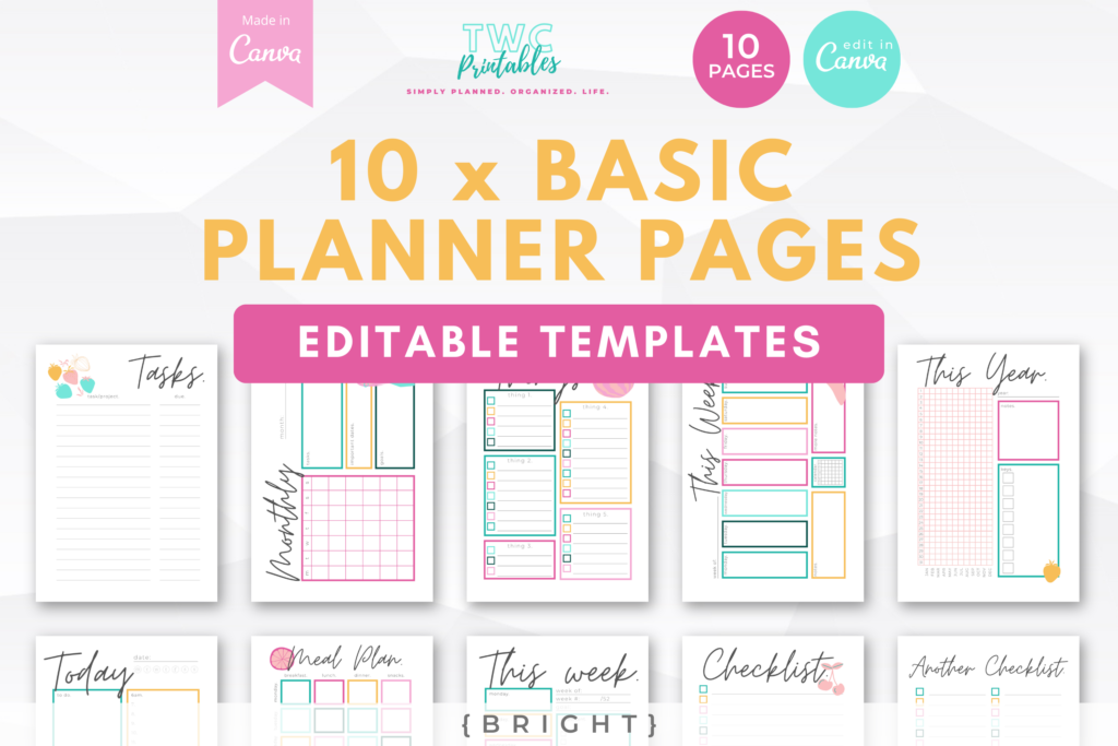 Editable Planner Pages for Canva | 10 Pages | Canva Planner Templates, Planner Inserts, Daily Weekly Monthly Planner, Tracker //BRIGHT - TWCprintables