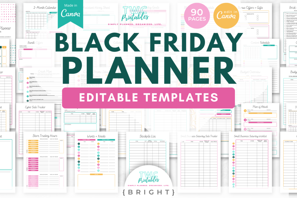 Black Friday Planner Canva Templates, Sales Tracker, Black Friday Sale Template, Cyber Monday, Sales Planner, Sales Goal, Sales Log, Canva - BRIGHT Collection - TWCprintables