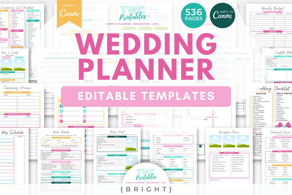 Wedding Planner Printable Templates Canva, Canva Template Wedding, Wedding Templates, Event Planner, Editable Printable Wedding Planner - BRIGHT Collection - TWCprintables