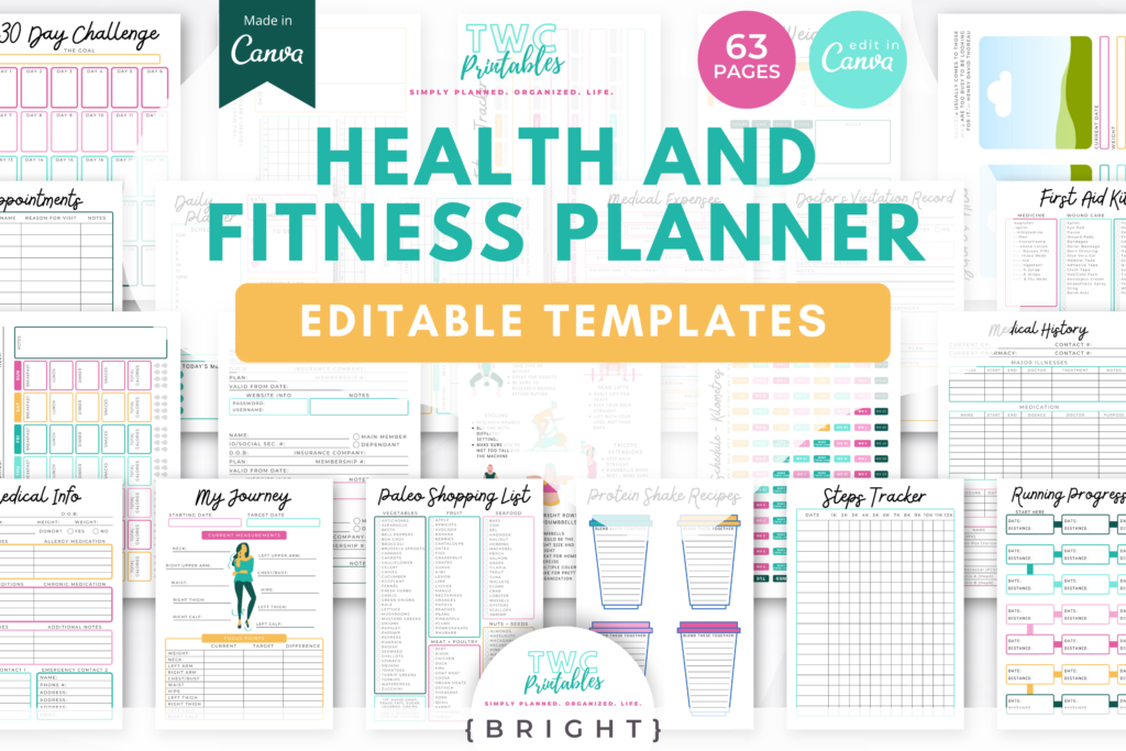 Health & Fitness Planner Templates for Canva | 63 Pages | Editable Planner Pages Inserts, Fitness Log Tracker, Medical Sheets, and more! - BRIGHT Collection - TWCprintables