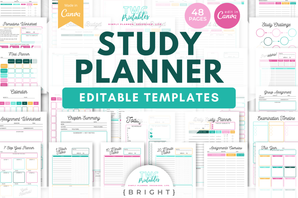 Study Planner Template for Canva | 48 Pages | Study Guide Schedule, Exam Planner, Student Planner Digital //BRIGHT Collection - TWCprintables